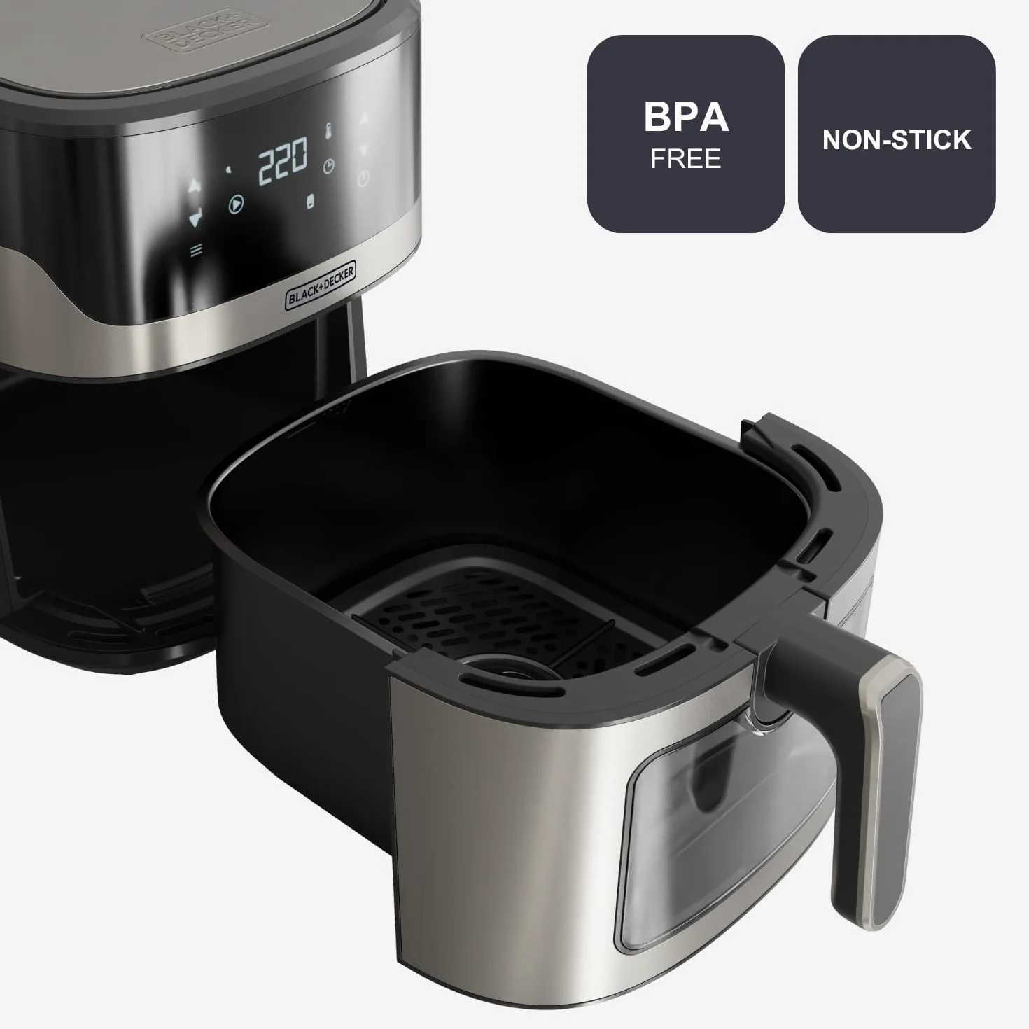 BLACK+DECKER BXAF6500E bezolejowa frytkownica powietrzna, 1600 W, 6,5 l, do 1300 g ziemniaków, przezroczyste okienko w koszu, temperatura 80-220°C, 8 programów