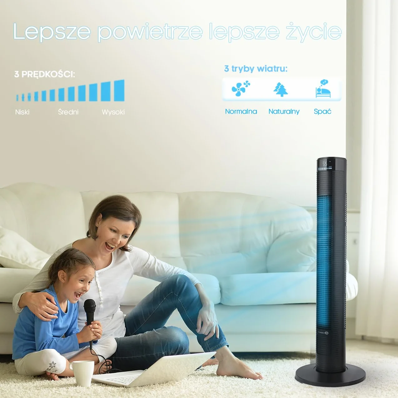 PureMate Cichy Wentylator Kolumnowy z Pilotem Zdalnego Sterowania, Wieżowy Stojący Podłogowy, 45W, Wysokość 97 cm, Bezśmigłowy Bezłopatkowy Chłodzący, Automatyczna Oscylacja 70°, 12h Timer