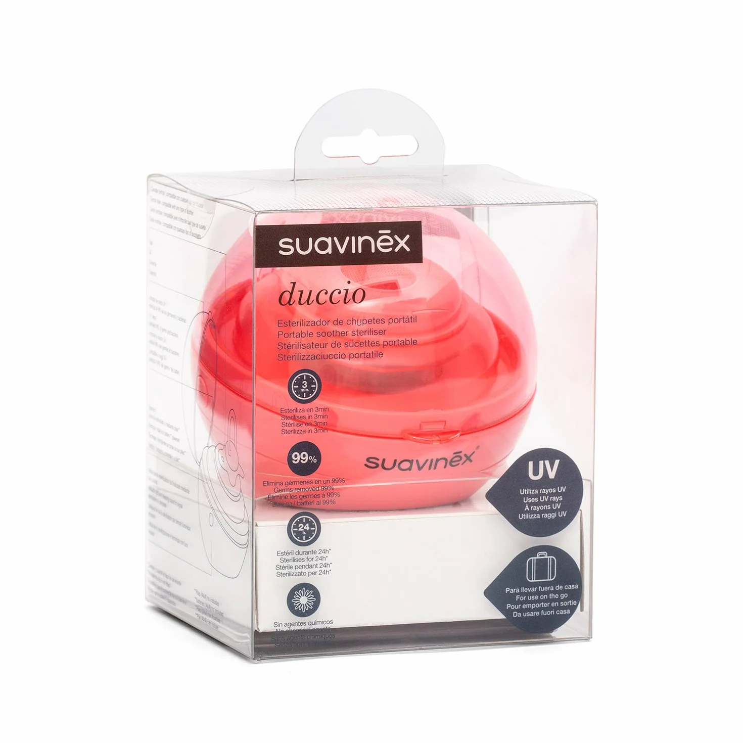 Suavinex, Nomadyczny sterylizator lizaków UV (UV). Sterylizacja w 3 minuty. Działa z kablem USB lub bateriami. Usuwa 99% zarazków. Czerwony