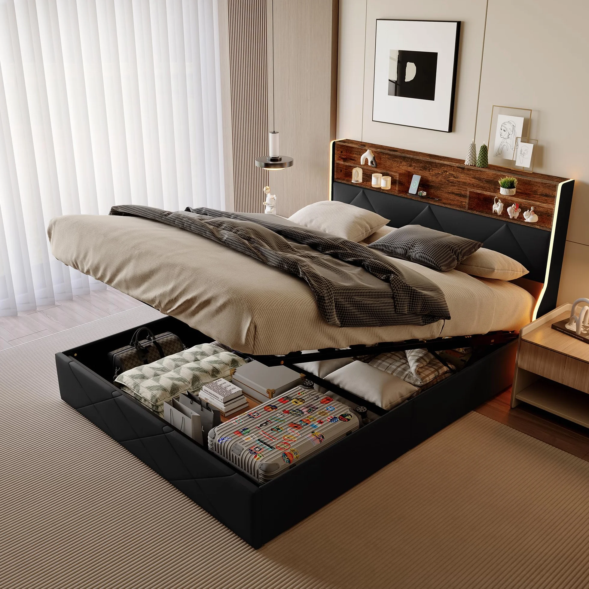 CDQL Łóżko tapicerowane 160 x 200 cm z miejscem do przechowywania, podwójne łóżko z zagłówkiem LED i przyłączem USB, zagłówek z miejscem do przechowywania, łóżko funkcyjne, nadaje się do sypialni i