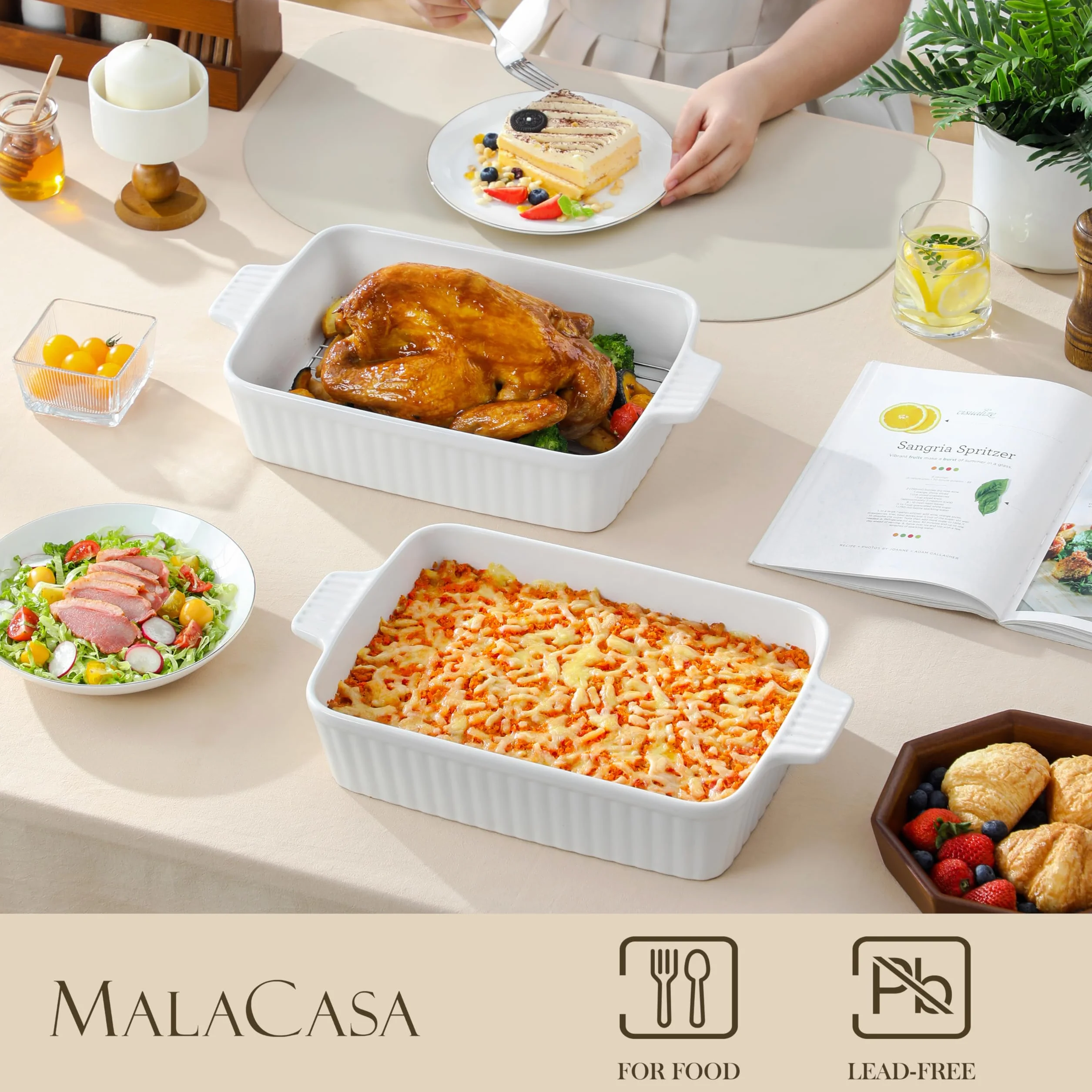 MALACASA Naczynie do pieczenia 4,15 L z rusztem, duże naczynie do zapiekanek 9x13, ceramiczna patelnia do pieczenia z rusztem, prostokątna głęboka patelnia do lasagne z uchwytami do pieczenia, trwała