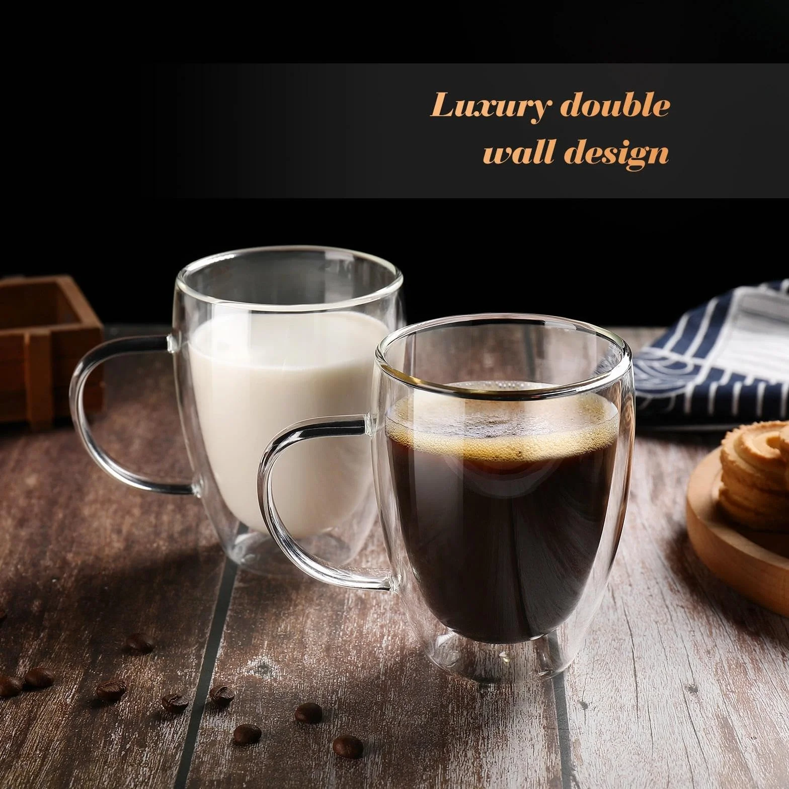 Szklane filiżanki do kawy z podwójnymi ściankami, 340 ml, izolowane filiżanki do kawy, przezroczyste filiżanki ze szkła borokrzemowego, idealne do cappuccino, herbaty, latte, espresso, gorących