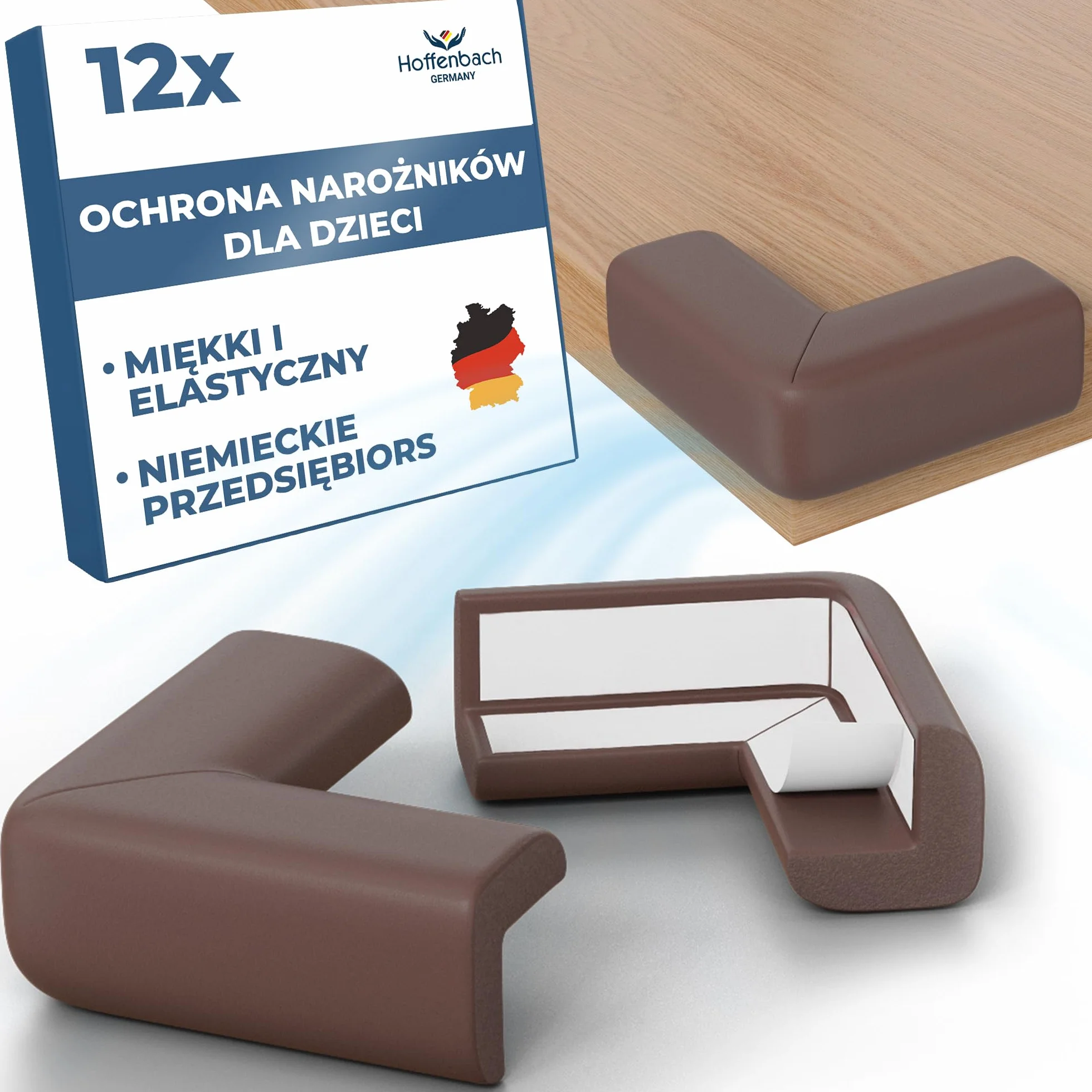 Hoffenbach 12x Ochrona Narożników dla Dzieci – Zabezpieczenie dla Niemowląt i Dzieci – Samoprzylepna Ochrona Krawędzi Stołu i Mebli, Miękkie Narożniki dla Bezpieczeństwa w Domu – Brązowy