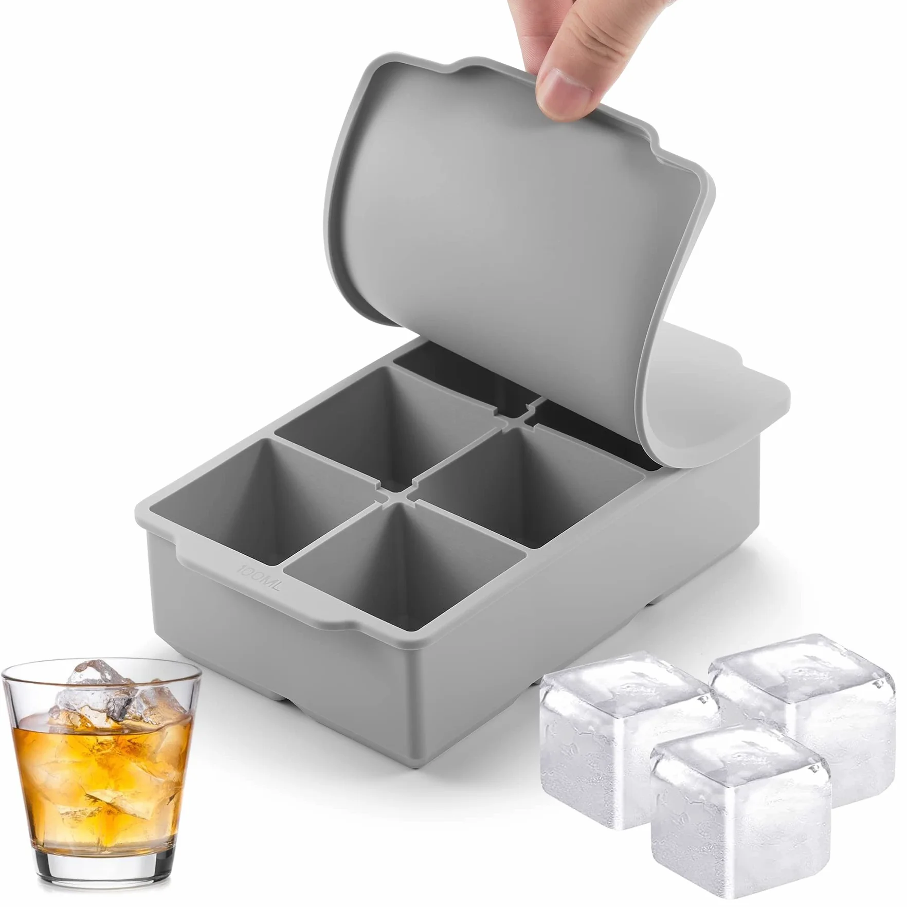 Nax Caki duży, kwadratowy silikonowy pojemnik na kostki lodu z pokrywką, do whisky, koktajli, bourbona, zup, mrożonych smakołyków, łatwe wyjmowanie z formy, wolne od BPA