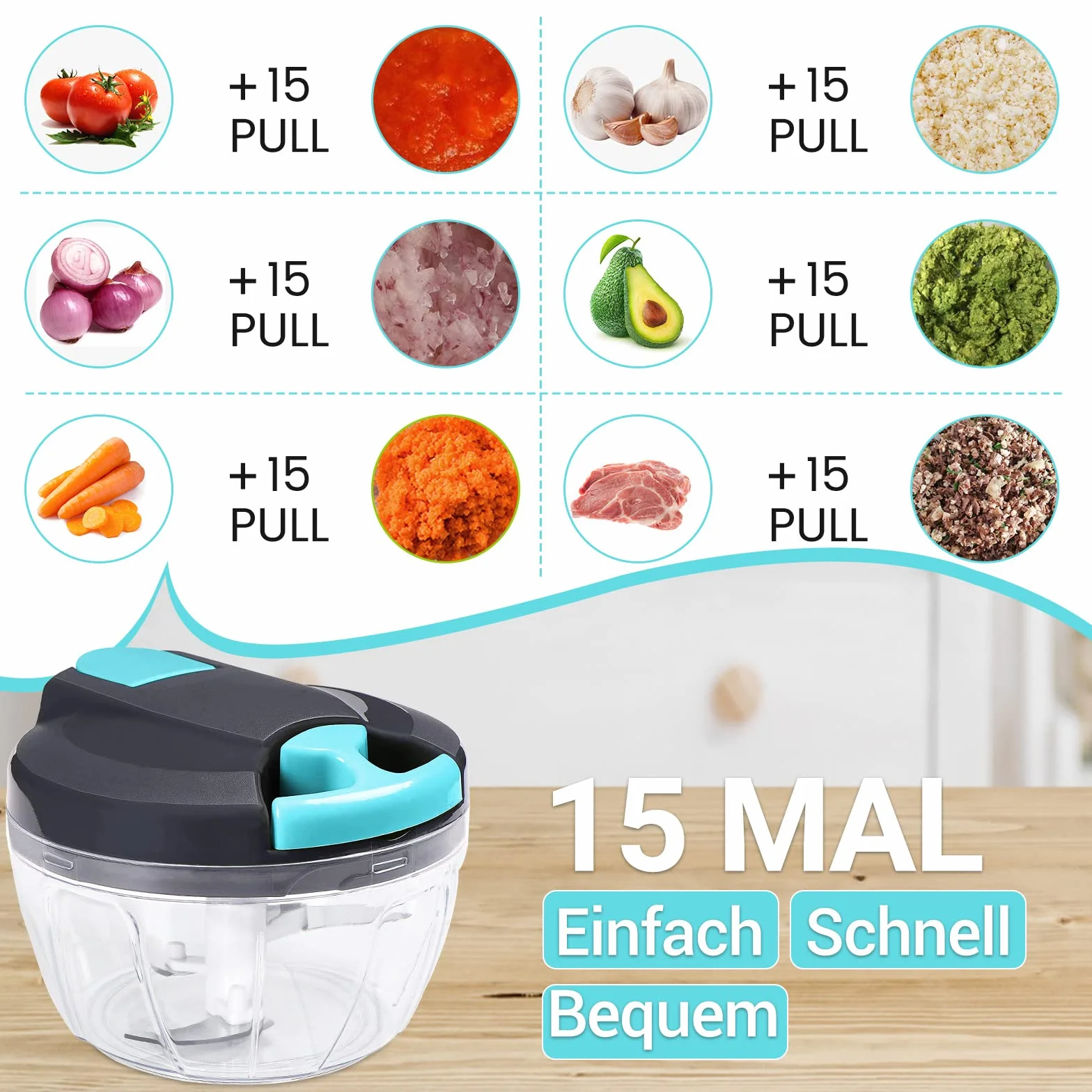 Krajalnica do cebuli, 520 ml Krajalnica do warzyw Ręczny siekacz do cebuli ze wspomaganiem, siekacz do cebuli Siekanie i miksowanie w 10 sekund Zwiebelschneider (Grau Blau)