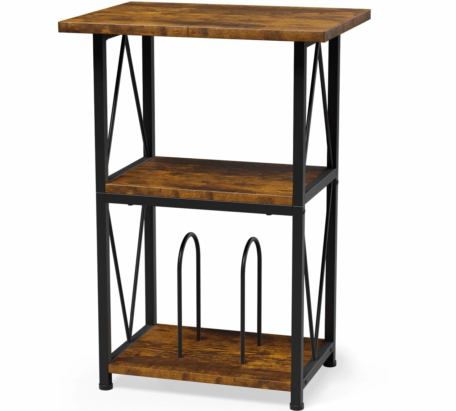 3-poziomowy stół gramofonowy, stojak winylowy 50x40 cm z miejscem do przechowywania | Brązowy design vintage z szerokim blatem, idealny jako stolik pomocniczy do salonu, sypialni i przestrzeni muzycznej.
