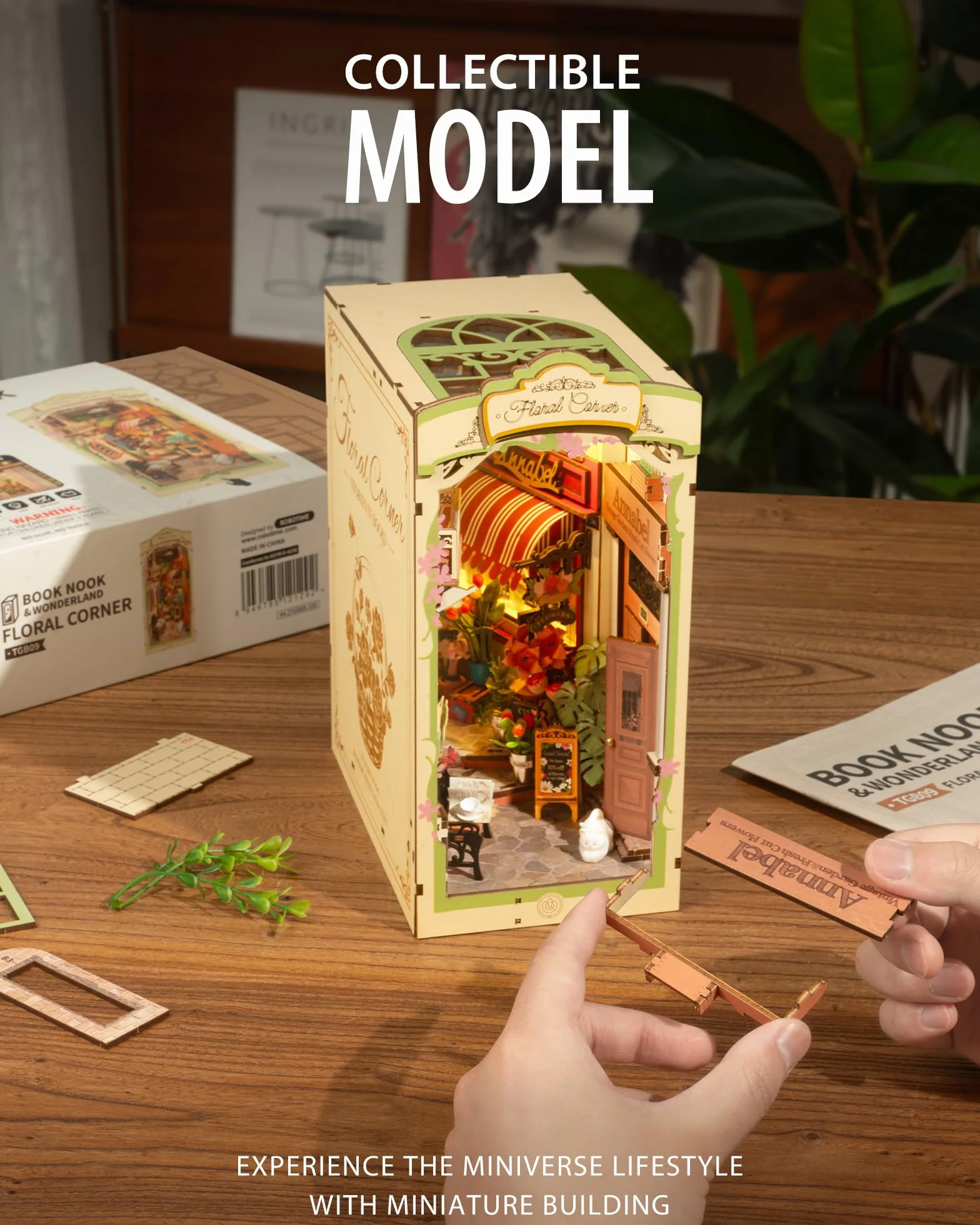 Rolife Zestaw Book Nook Kwiatowy Zakamarek z lampkami LED DIY Miniaturowy Zestaw Domku Drewniane Puzzle 3D dla Dorosłych do Budowania Dekoracja Półki na Książki Prezent na Boże Narodzenie i Urodziny