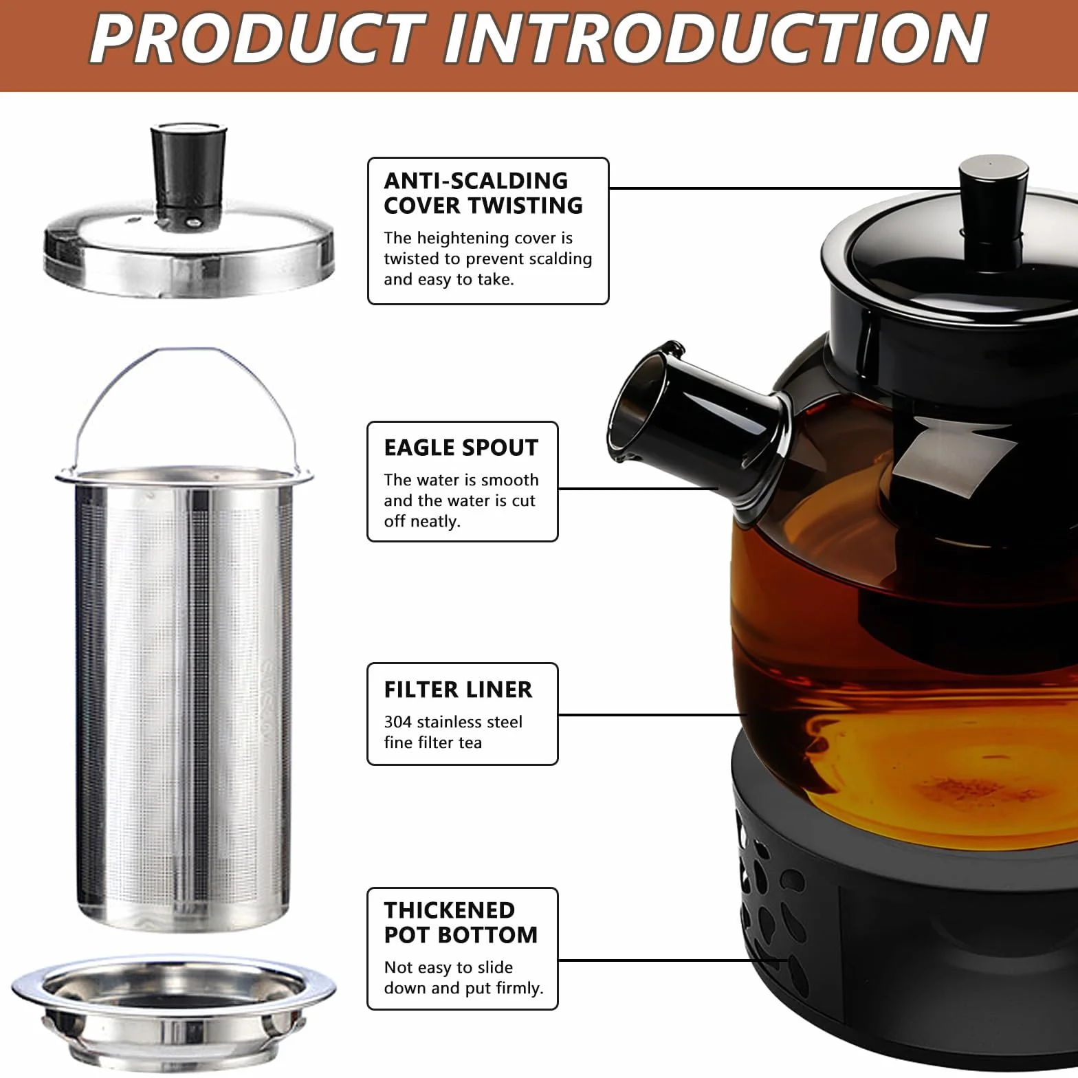 BORDEAG Dzbanek do herbaty z podgrzewaczem, 1500 ml, Szklany dzbanek do herbaty z wkładem sitowym, Dzbanek do herbaty ze szkła