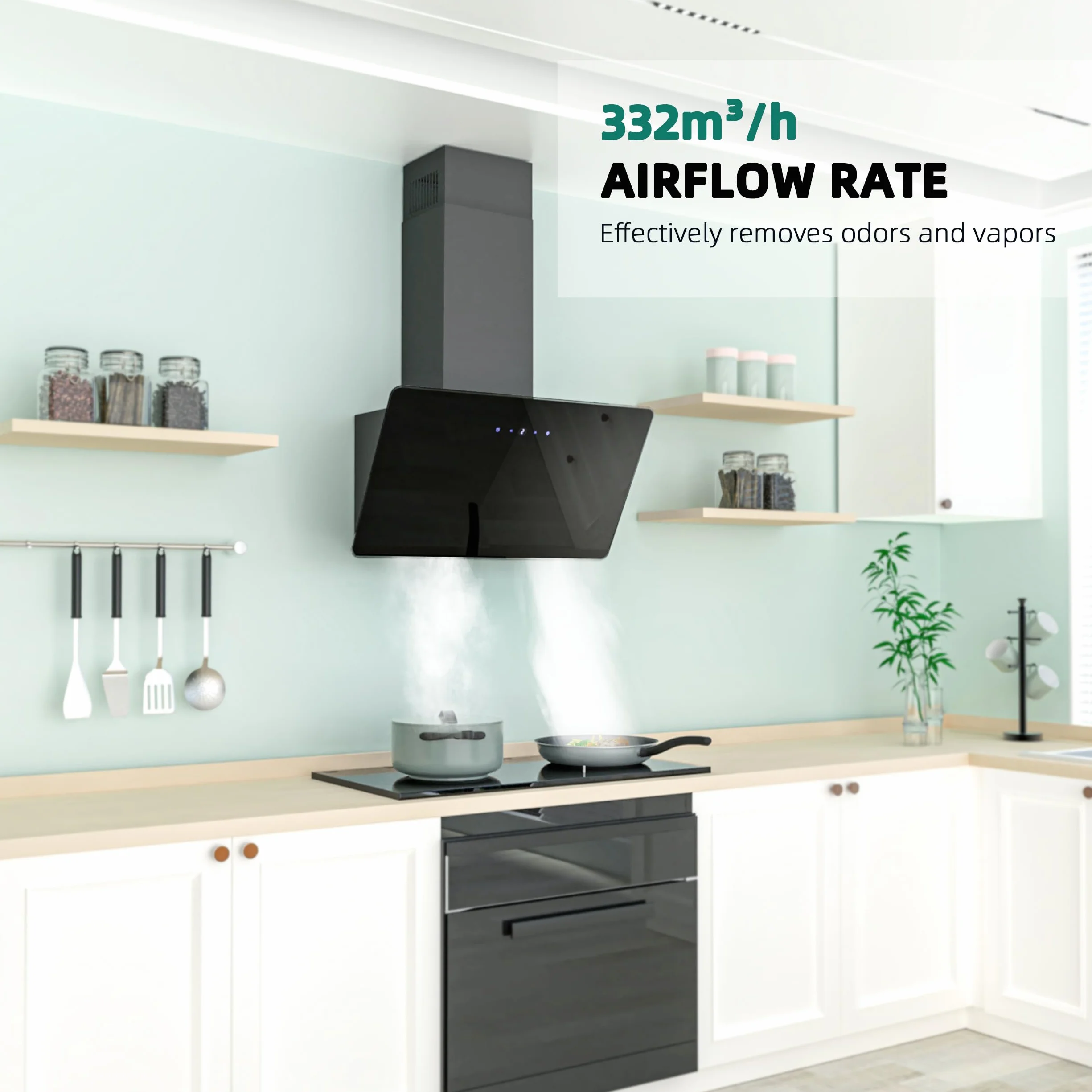 FIREGAS Okap kuchenny 60 cm, z dotykowym sterowaniem, diody LED, silnik bezszczotkowy, niski poziom hałasu, wydajny okap, skośny, wydajność A++