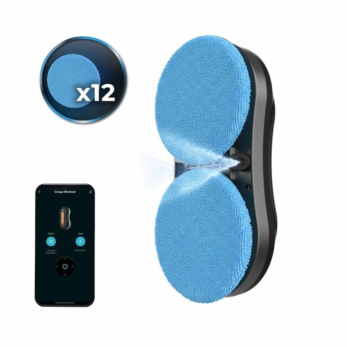 Cecotec Conga Windroid W10 DoubleSpray. Podwójny spray, 4 tryby pracy na sucho/mokro, zasięg 7,5 m, zbiornik 50 ml, aplikacja + pilot zdalnego sterowania, bezszczotkowy silnik do błyszczących okien