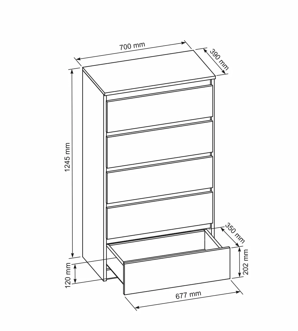 meble masztalerz Komoda Biała 70 cm Matowa z 5 szufladami - 70x124,5x39 cm - Komoda do salonu, sypialni - Szafka z szufladami - Komoda z szufladami