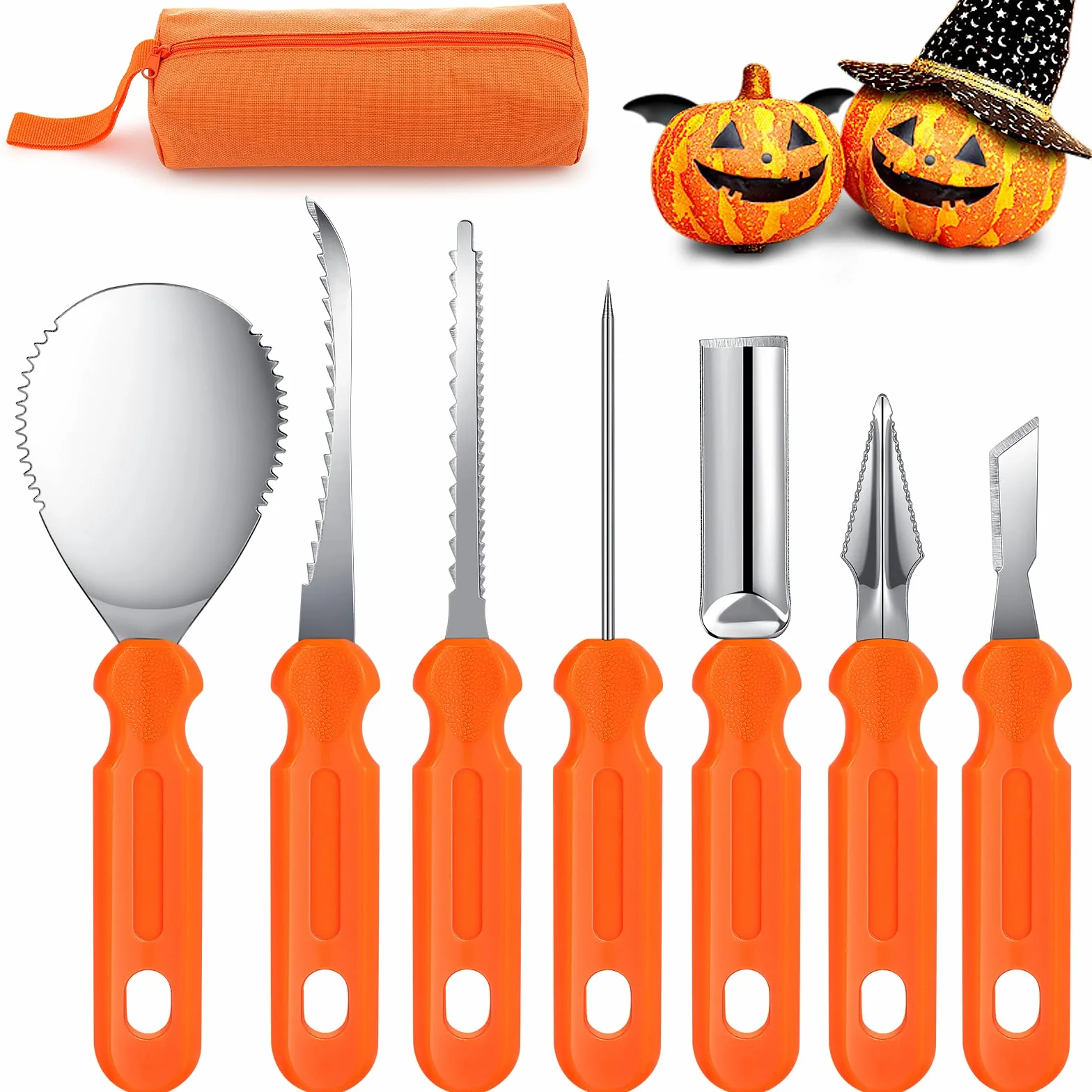 Zeawavsl Zestaw noży do snycerki w dyni na Halloween, 7-częściowy zestaw narzędzi do rzeźbienia ze stali nierdzewnej z torbą do przenoszenia, dekoracja dyni, nóż do rzeźbienia dla dzieci i dorosłych