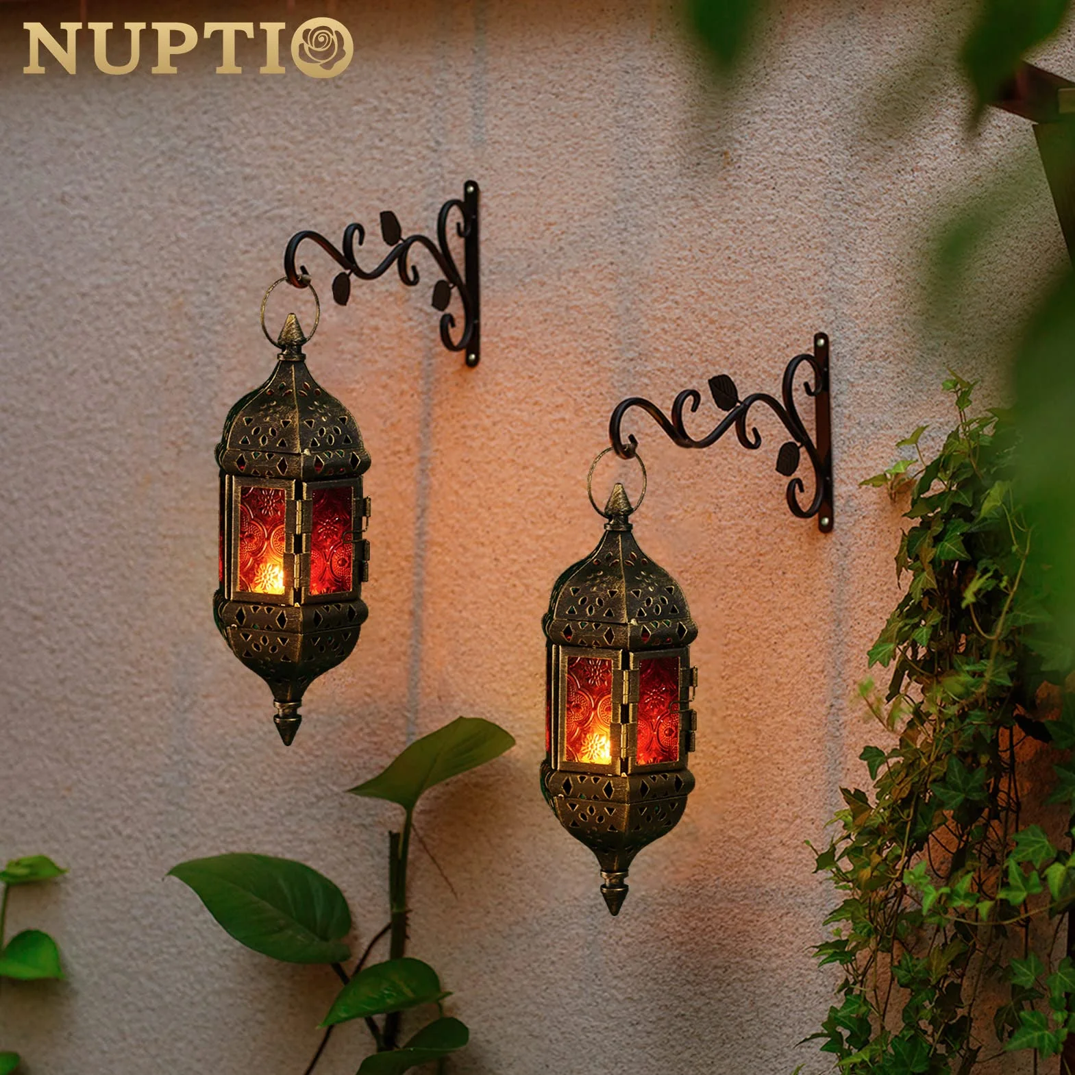 Nuptio Marokańska latarnia na świece, 2 szt., wiszące świeczniki, metalowe i szklane, ramadan, brązowe, dekoracyjne lampiony, do salonu, na balkon, patio, Halloween, dekoracje świąteczne