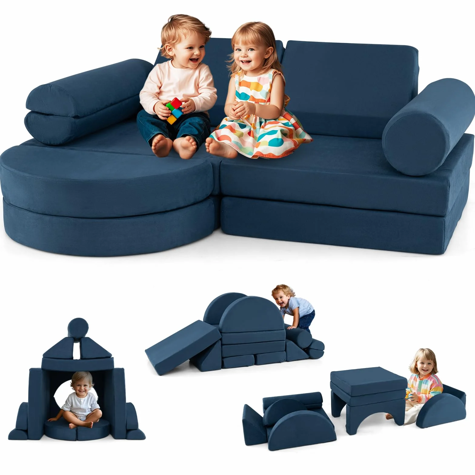 COSTWAY 14-częściowa modułowa sofa dziecięca, do zabawy z pianki, klocków, wspinaczki i raczkowania, rozkładana, do pokoju dziecięcego, pokoju zabaw (granatowa)