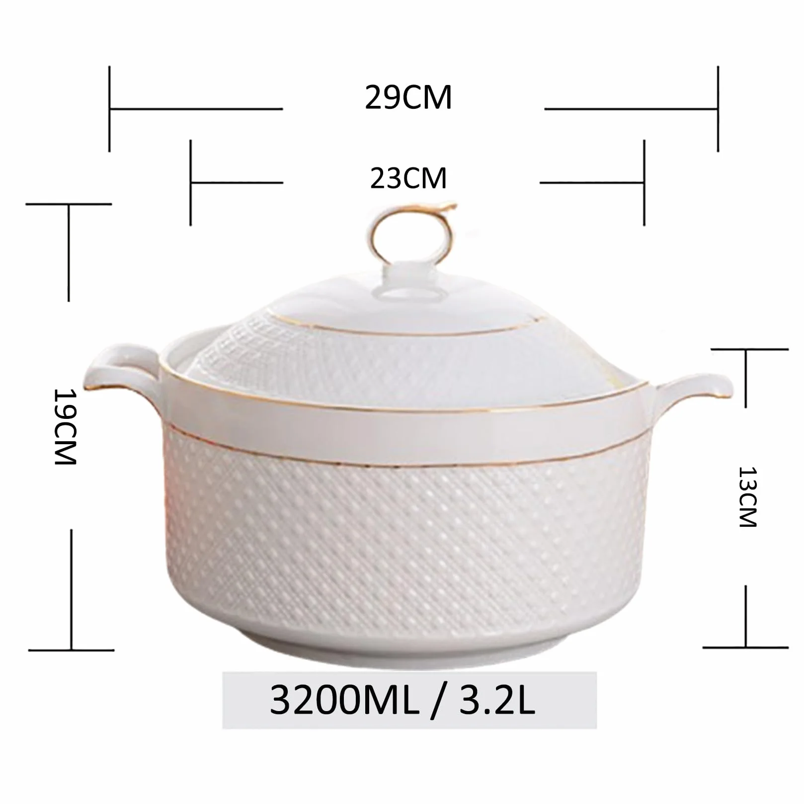 Biała waza do zupy ze złotym wzorem, miska do serwowania zupy z podwójnym uchwytem z pokrywką i łyżką Zastawa stołowa z porcelany kostnej,3.2L