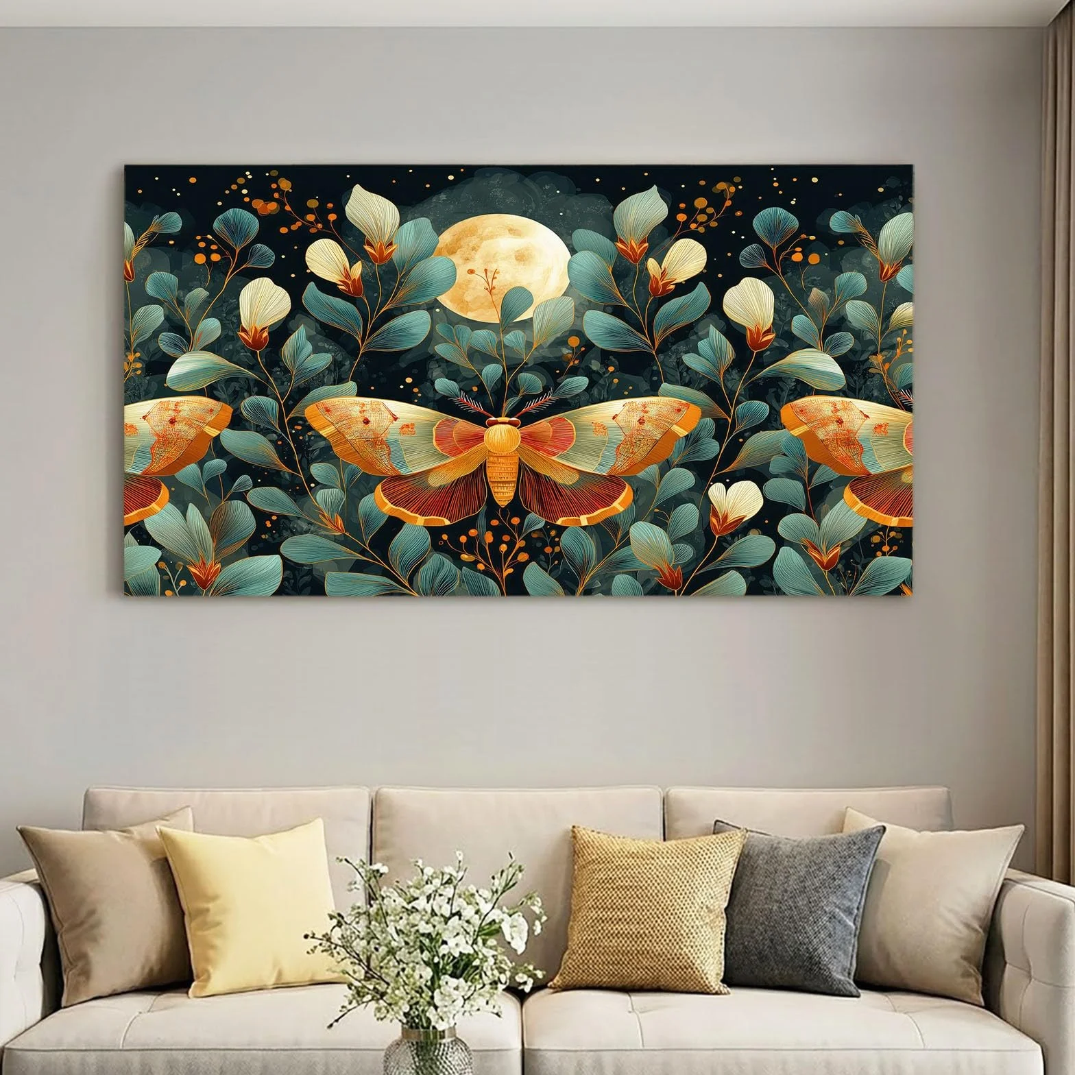 Obraz ścienny fantazyjny obraz roślinny obraz na płótnie - płótno ścienne 120 x 80 cm, wydruk na płótnie z motylem, liśćmi księżyca, oprawiona sztuka ścienna do salonu i sypialni, dekoracja ścienna