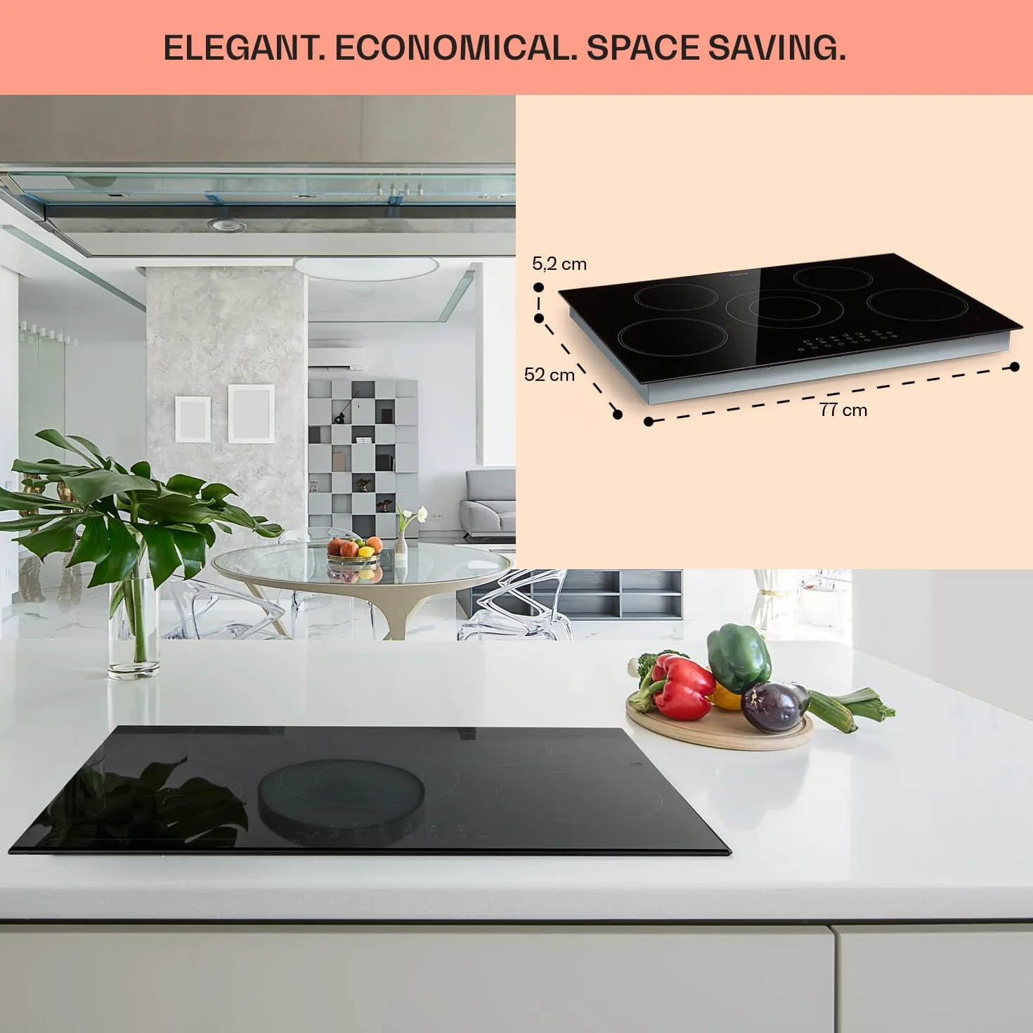 Klarstein Płyta ze szkła ceramicznego, Kuchenka z 5 polami, 8200W płyta, Nowoczesna kuchenka do zabudowy, Elektryczna grzejna, elektryczna z funkcją boost, ceramiczna 80 cm