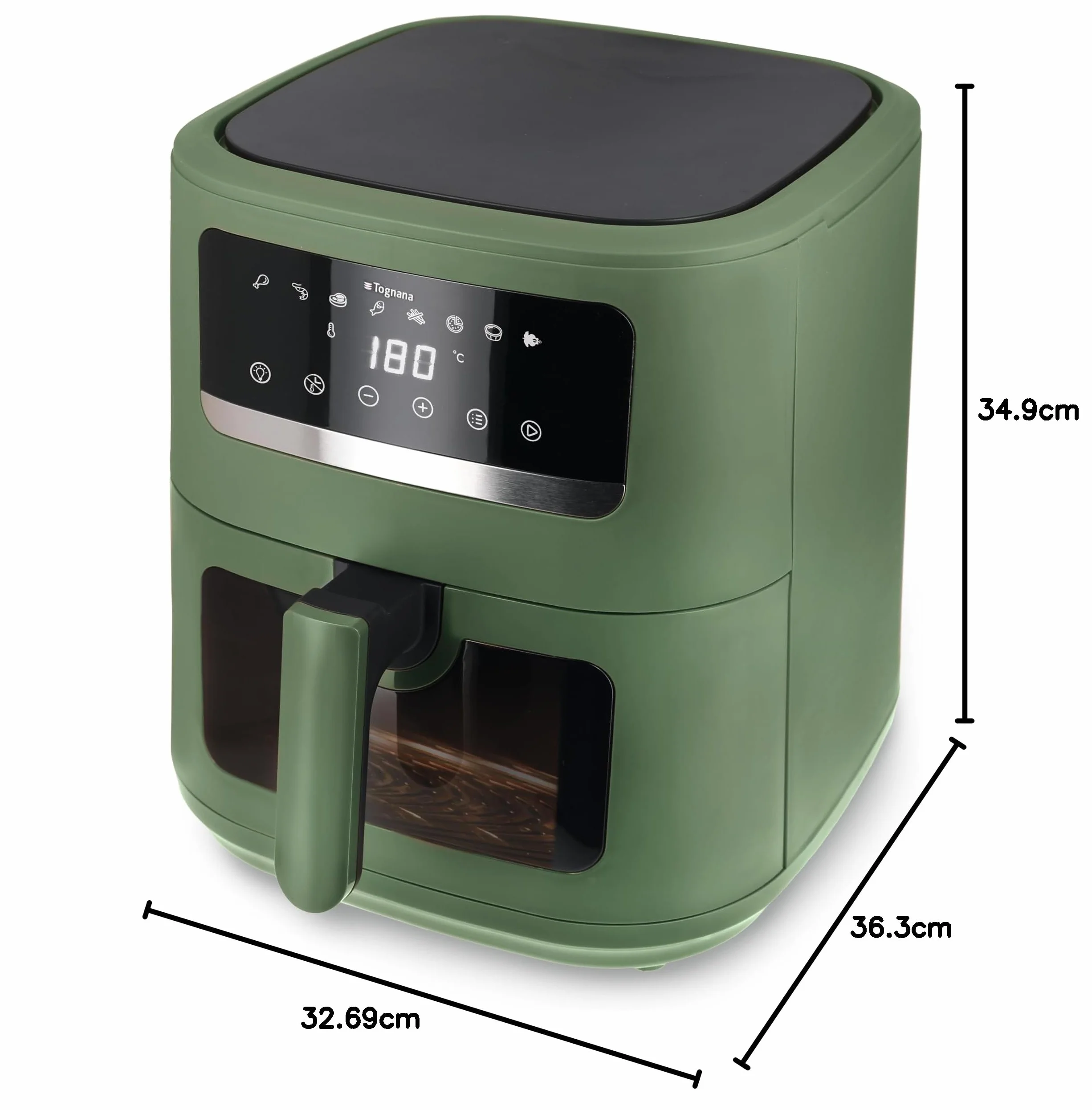 Tognana Iridea, frytkownica powietrzna, 8 l, podwójny opór, wyświetlacz cyfrowy, timer, 80-200°C, okno, 2000 W, szałwia zielona