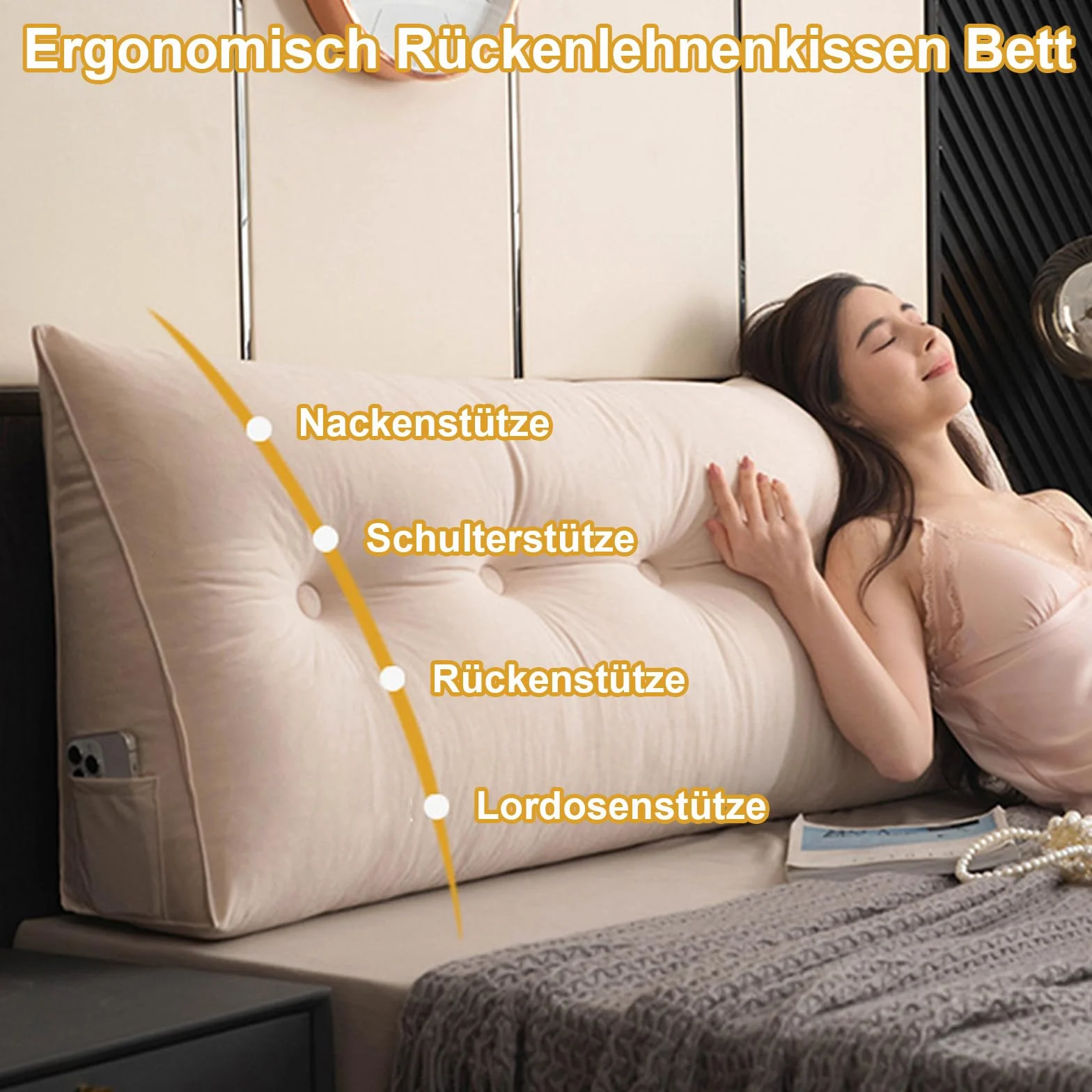 Ergonomiczna poduszka na oparcie na koturnie, z miękką i oddychającą, aksamitną osłoną, podparcie lędźwiowe, do czytania telewizji, ciemnoniebieska, zdejmowana i nadająca się do prania, kieszeń boczna