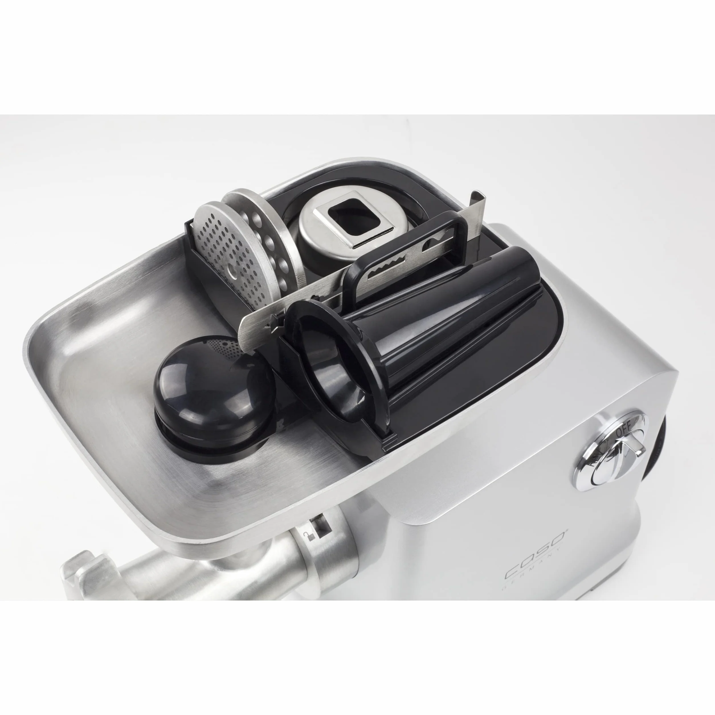 Caso FW2000 Elektryczna maszynka do mielenia mięsa, w tym ciasteczka rozpryskowe, nominalna nasadka 800 W, blokowana 2000 W, ok. 2 kg/min, obudowa z odlewu aluminiowego, mocny silnik, srebrna