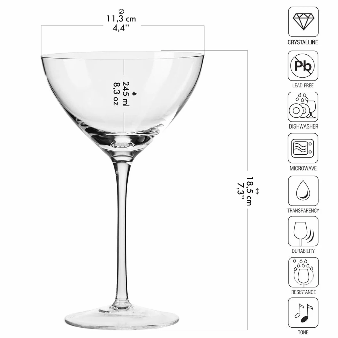 KROSNO Harmony Kieliszki do Martini i Koktajli 340 ml Zestaw 6 szt – Szkło Kryształowe Bezołowiowe, Klasyczna Szeroka Czasza, Długa Nóżka, Do Cosmopolitan, Drinków, Zmywarka