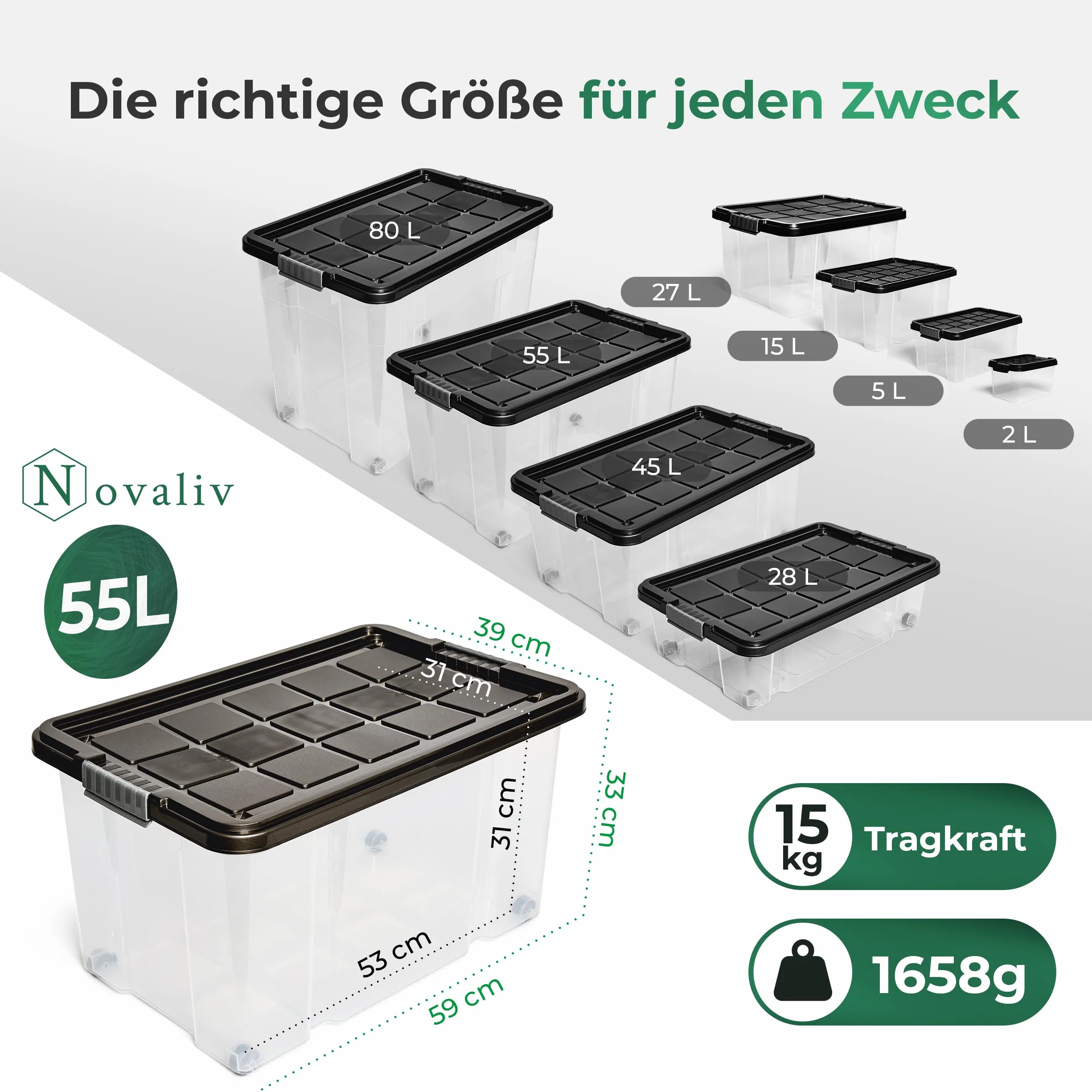Novaliv 6 x pudełka do przechowywania z pokrywką, duże, 55 l, antracytowe, możliwość układania w stos, z zamknięciem na klips, zwijane, tworzywo sztuczne, nie zawiera BPA, 61 x 40 x 32,5 cm