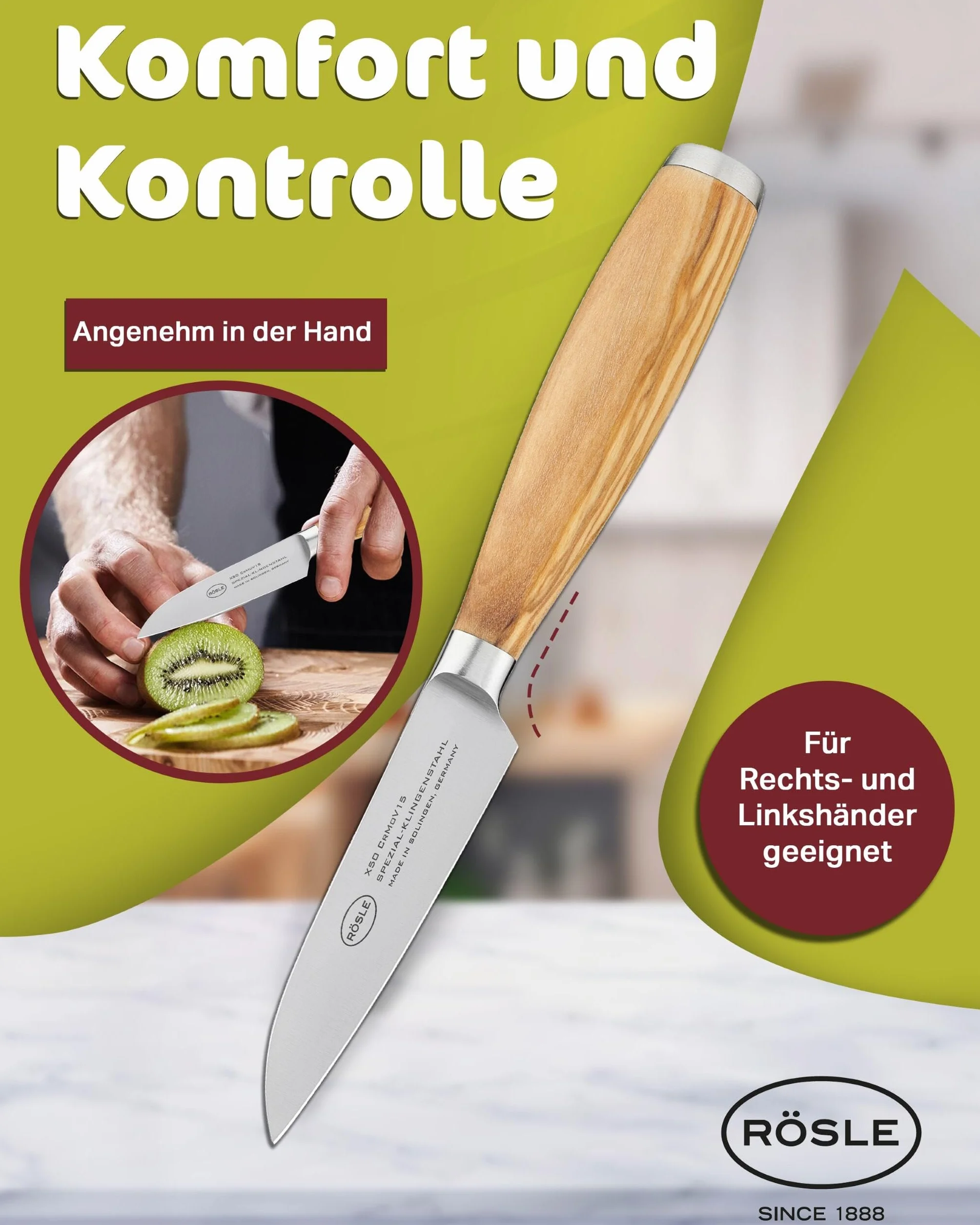 Rösle Nóż do warzyw Artesano 9 cm – wysokiej jakości nóż kuchenny do krojenia owoców i warzyw, ostry nóż do krojenia z ergonomicznym uchwytem z drewna oliwkowego