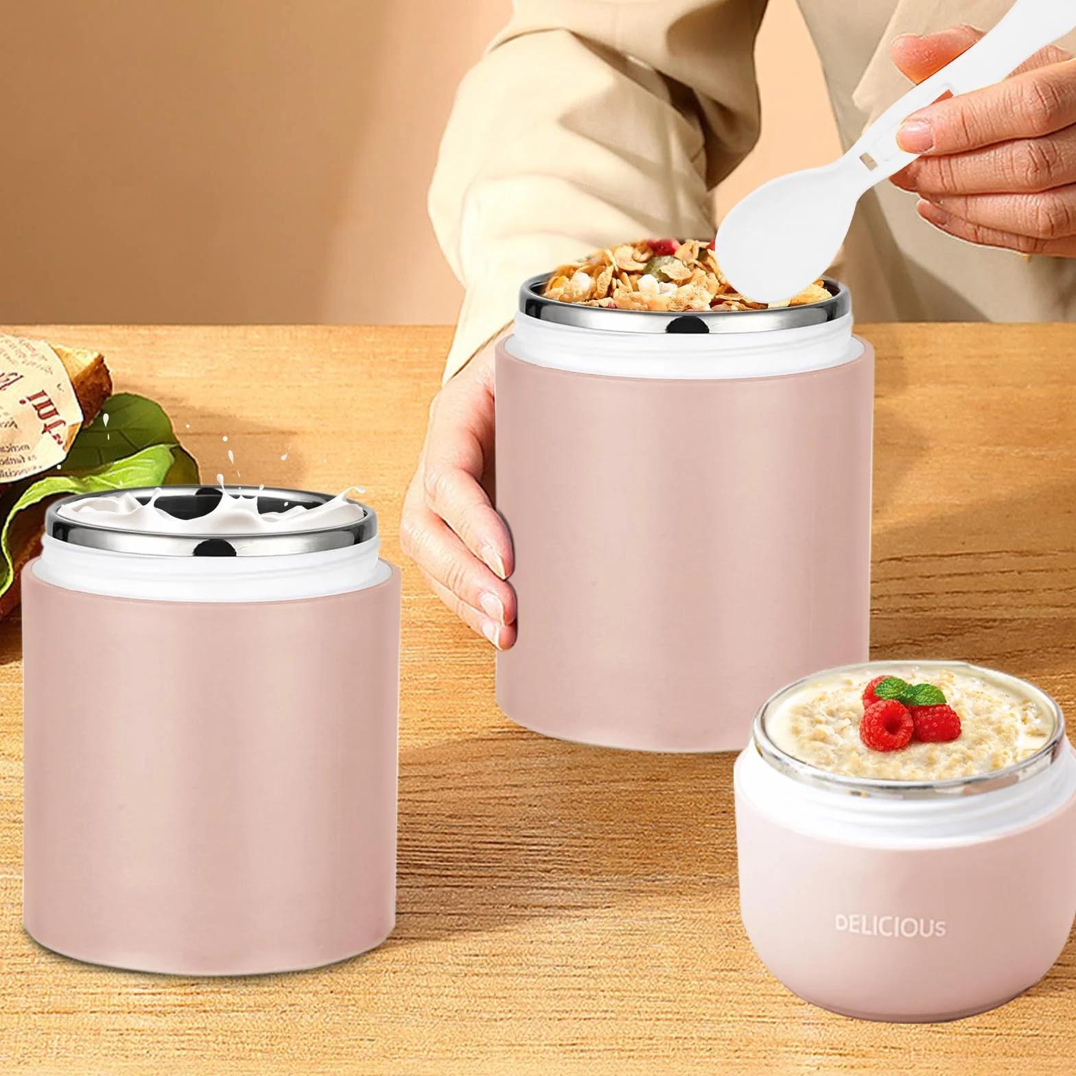 Chedin Kubek na musli To Go z pokrywką, kubek ze stali nierdzewnej, 730 ml, szczelny, z łyżką i pokrywką, dwuwarstwowe, szczelne, idealne do pracy (różowy)