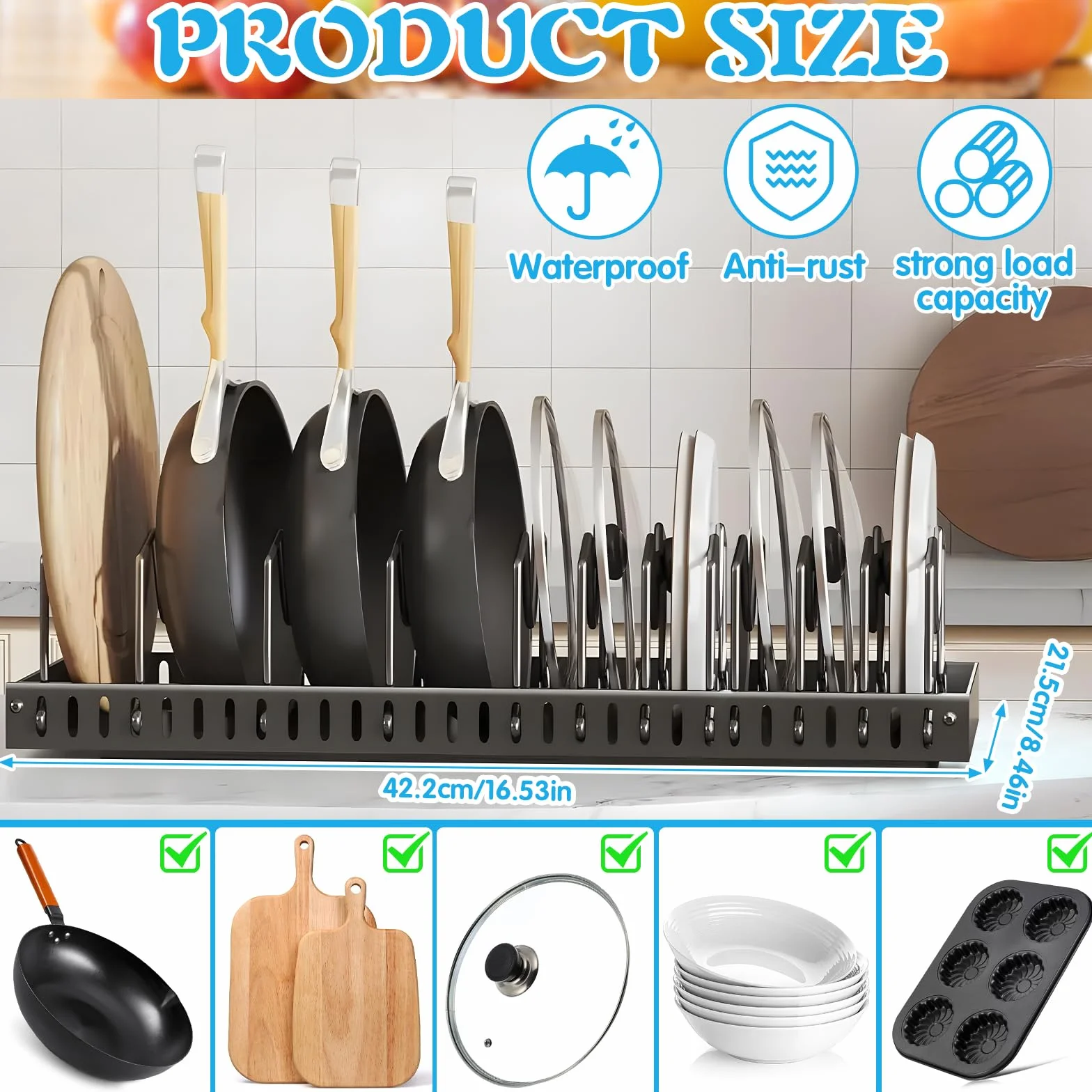 ZLPBAO Sliding Pot Lid Holder with 12 Adjustable Compartments, Space-Saving Pan Holder for Pans, Lids and Plates, Metal Stand, Kitchen Container