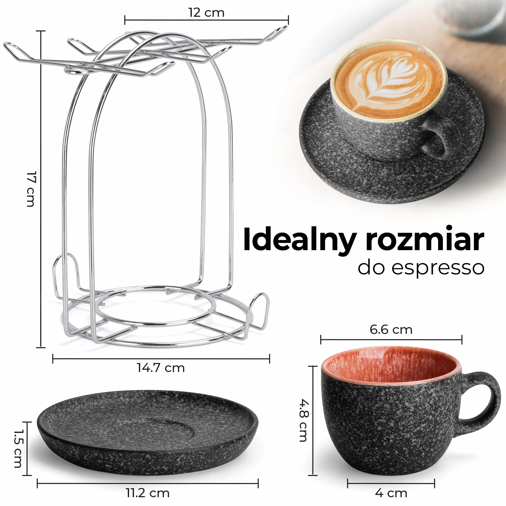 MIAMIO – 80 ml ceramiczne składane filiżanki do espresso z spodkami i metalowym stojakiem, zestaw 6 filiżanek do espresso, filiżanki demitasses, kubki do kawy na espresso, latte, café mocha i herbatę
