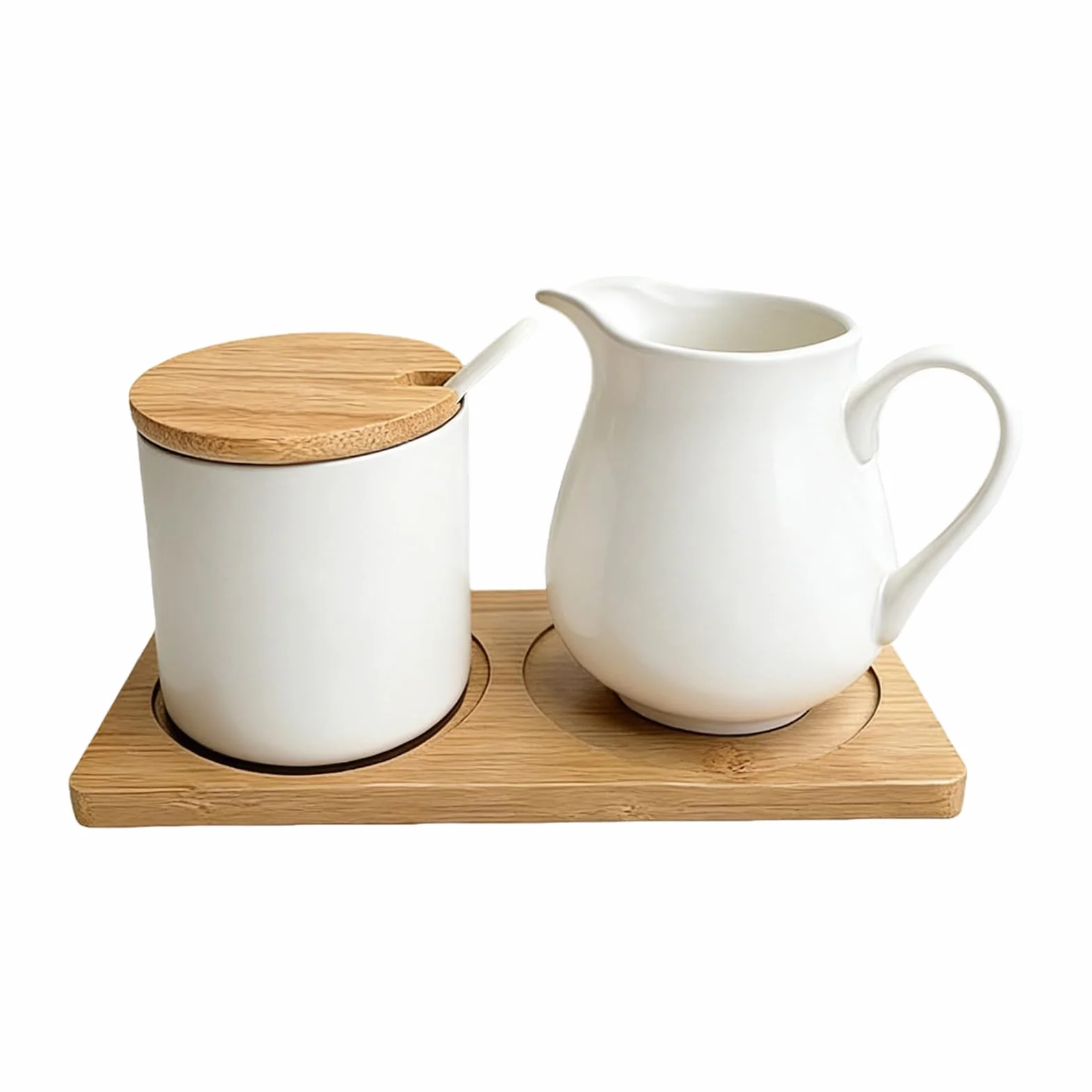 GOMETY Zestaw do mleka i cukru z pokrywką i łyżką, ceramiczny dzbanek na mleko i cukiernica z drewnianą tacą, nadaje się do mycia w zmywarce i kuchenki mikrofalowej, do kawy i cappuccino (biały)