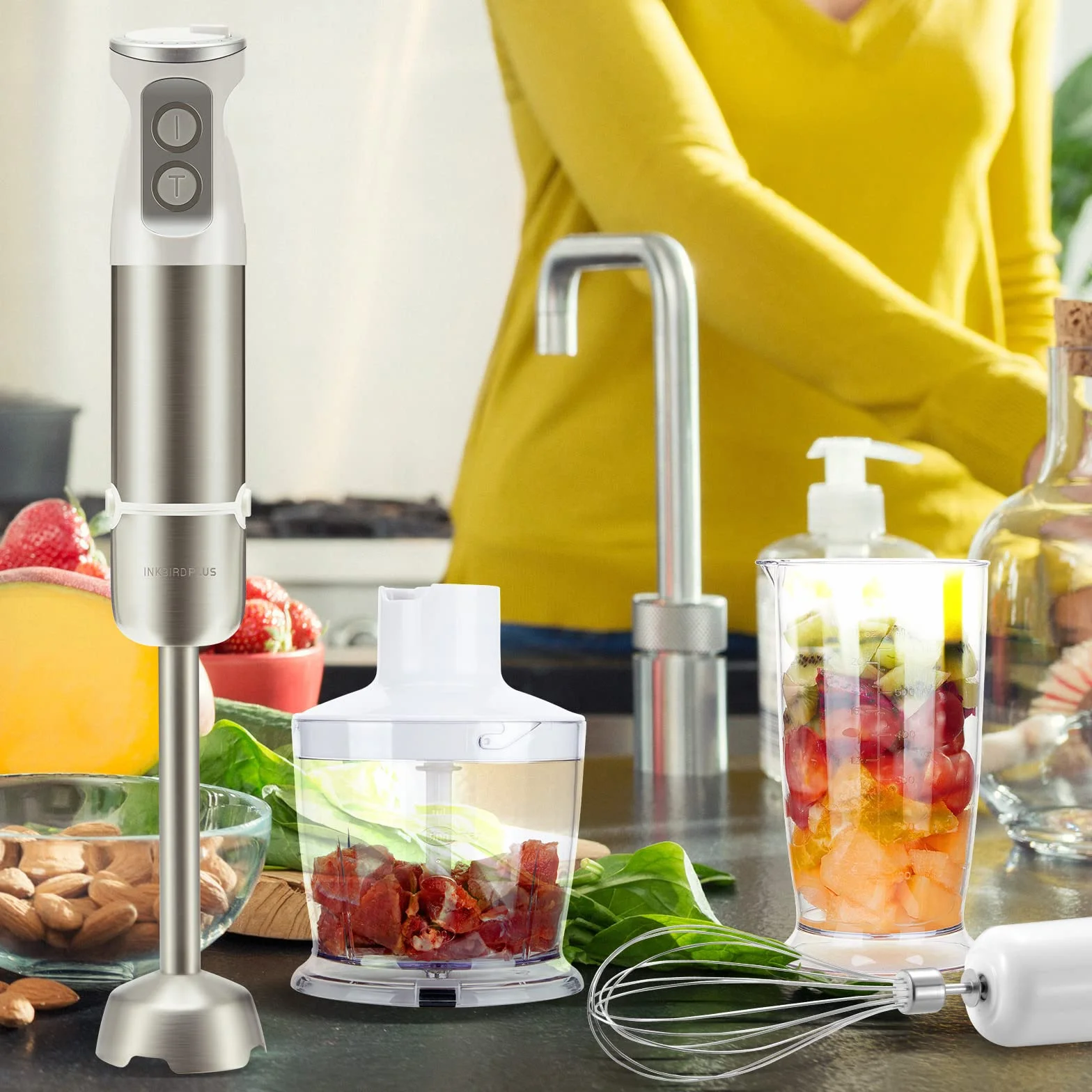 Inkbird Zestaw blendera ręcznego, 4 w 1, elektryczny blender ręczny z 6 sześcioma regulowanymi stopniami, zestaw blendera immersyjnego o mocy 600 W z kubkiem o pojemności 600 ml, miotełką do