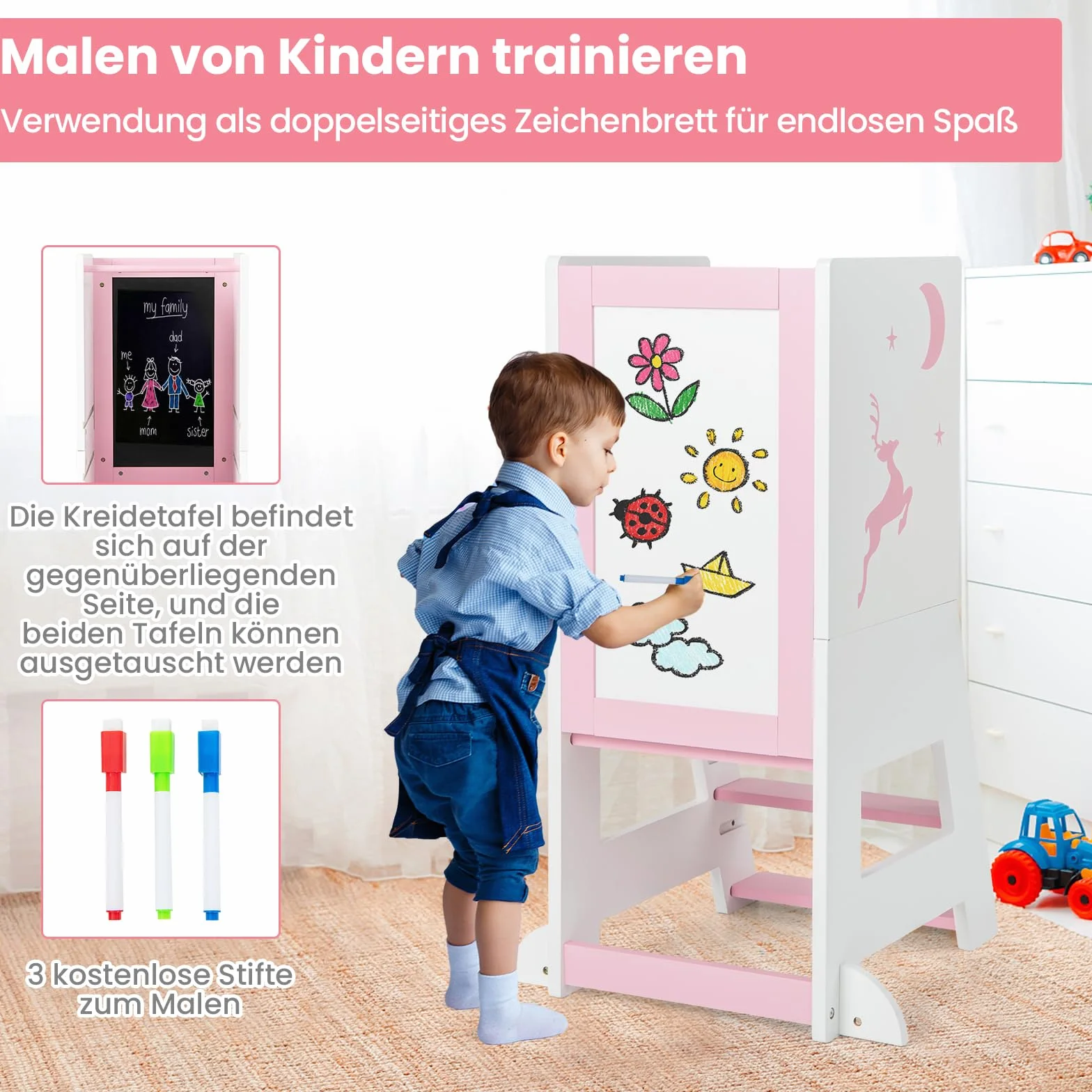 COSTWAY Wieża edukacyjna dla dzieci, 2 w 1, taboret do stąpania montessori z 3 regulowanymi wysokościami i dwustronną tablicą, stołek z 3 bolcami, pomocnik kuchenny dla dzieci od 1 lat, obciążenie 70