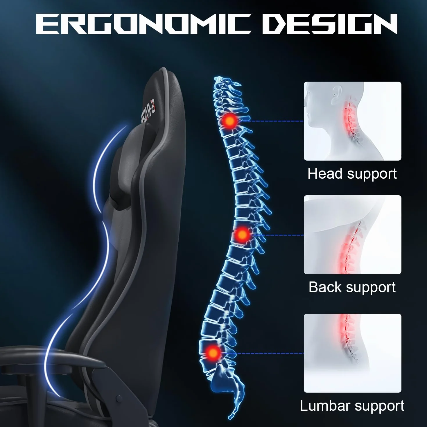 JUMMICO Ergonomiczne krzesło gamingowe, z podparciem okolic lędźwiowych, do komputera, z regulacją wysokości, obciążenie 150 kg, kolor szary