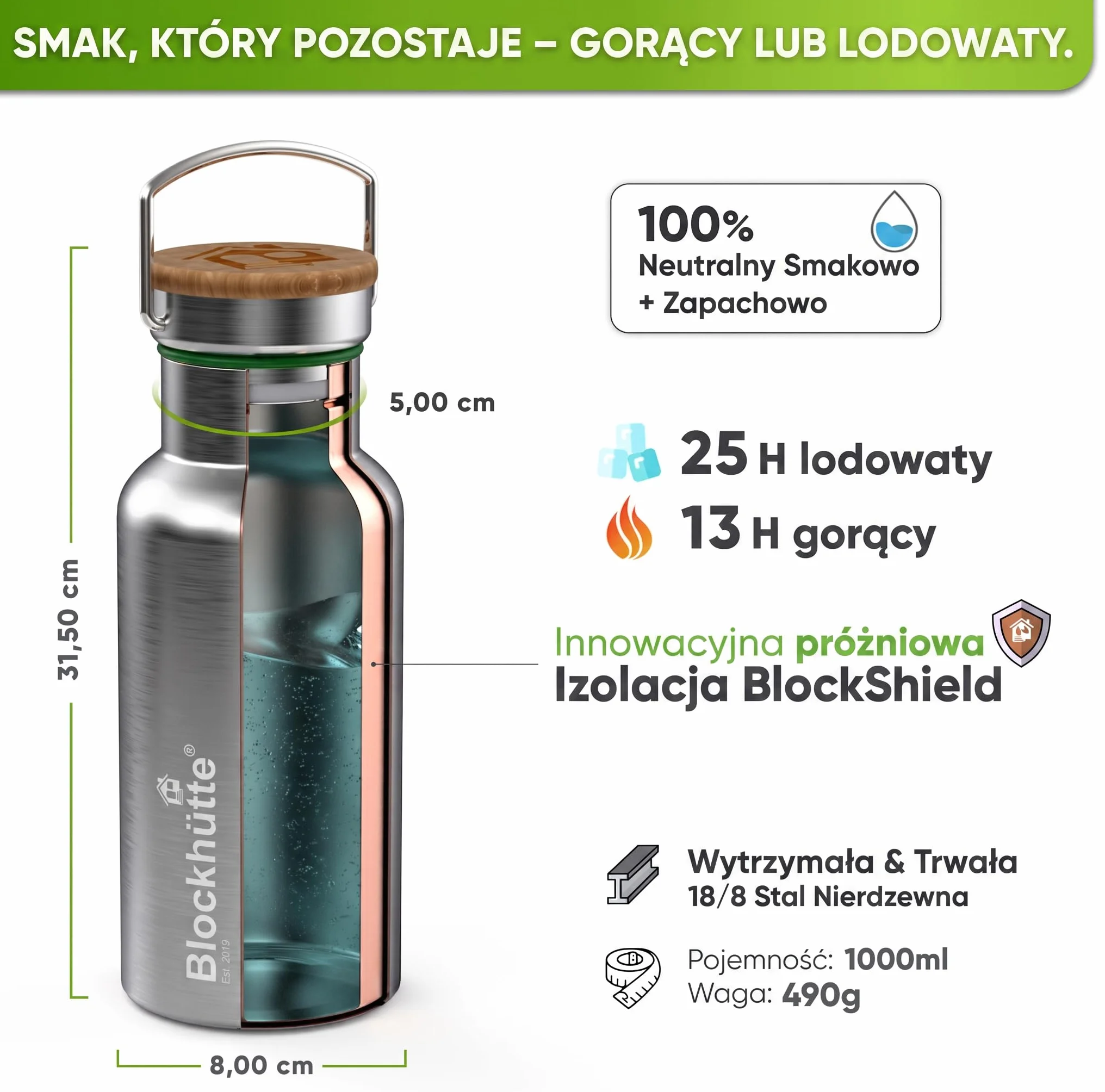 Blockhütte. Butelka na napoje, ze stali nierdzewnej, premium, izolowana, 1 l, z ekologiczną szczotką do czyszczenia butelki, zabezpieczona przed wyciekiem, nadaje się do zmywarki, do biura, bez bisfenolu A