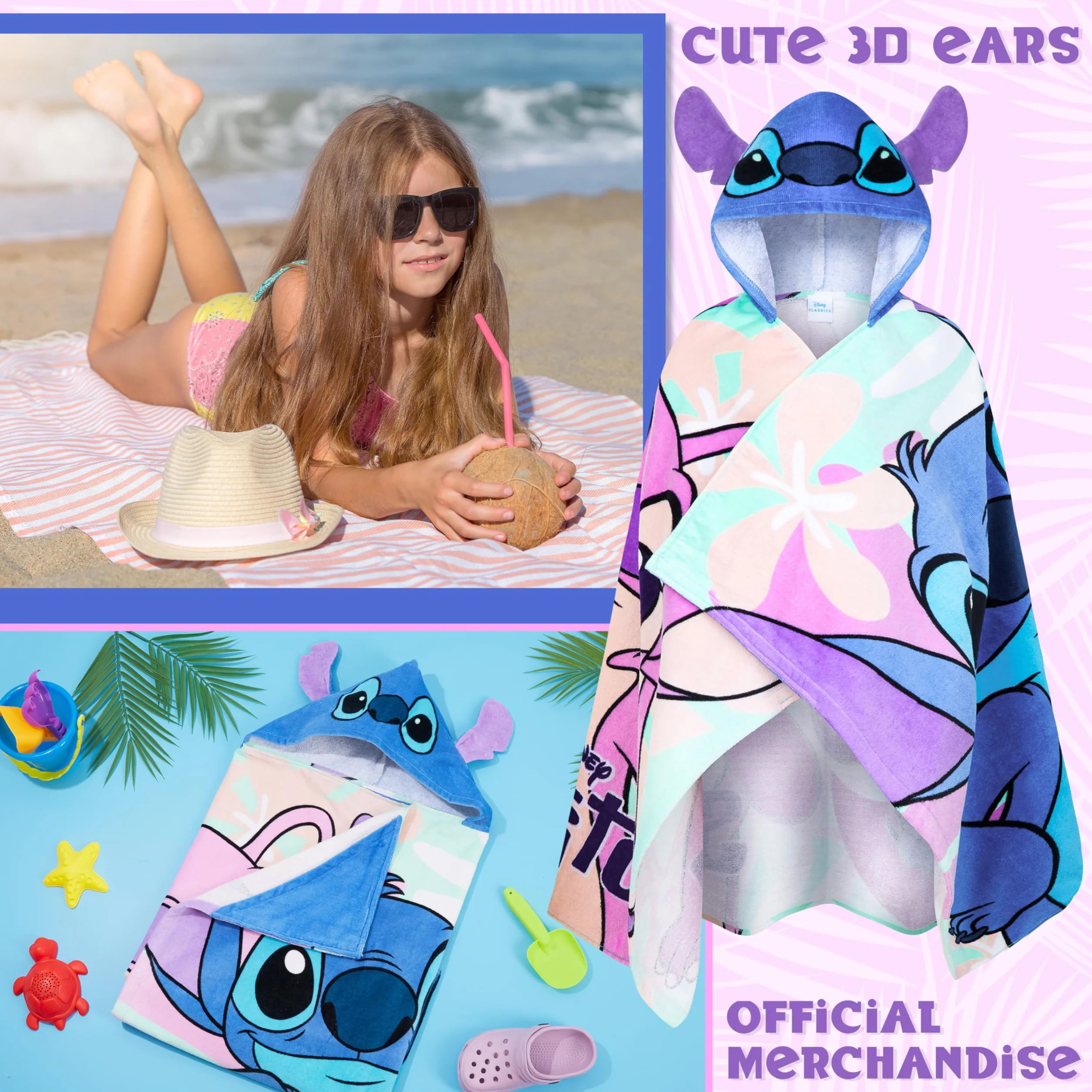 Disney Ścieg ręcznik z kapturem dla dzieci, chłonny ręcznik kąpielowy z kapturem, na basen, na plażę, wakacje, niezbędnik (niebieski/wielokolorowy, 6-14 lat)