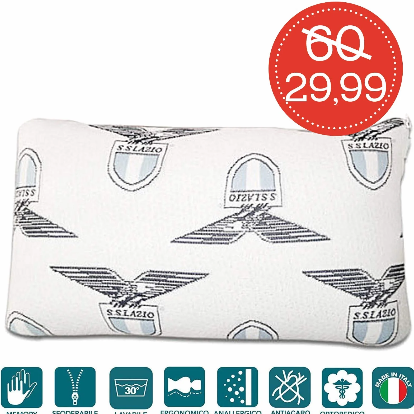 Evergreenweb OUTLET - Podróżne poduszki Memory Foam 24 x 42 wysokie 12 cm, Poduszka Oficjalna z drużyną piłkarską serii A - SS LAZIO, pomysły na prezenty dla dzieci i dorosłych, poduszki Evergreen wzór mydła z tkaniny antyalergicznej zdejmowane i zmywalne