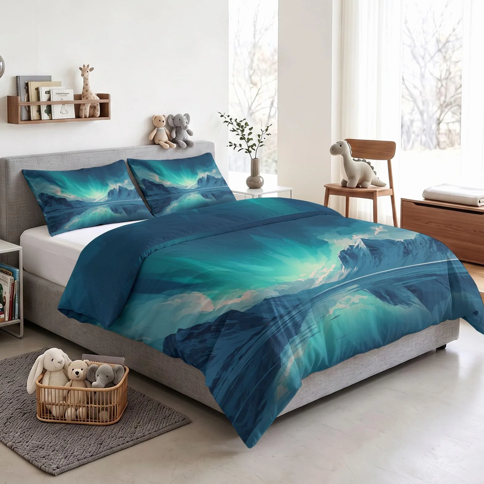 Przyjazny dla skóry natura krajobraz zestaw pościeli 260 x 220 cm dla dorosłych fantasy śnieżna góra zorza polarna zestaw poszewek na kołdrę do pokoju dekoracyjna niebieska super king size poszewka na