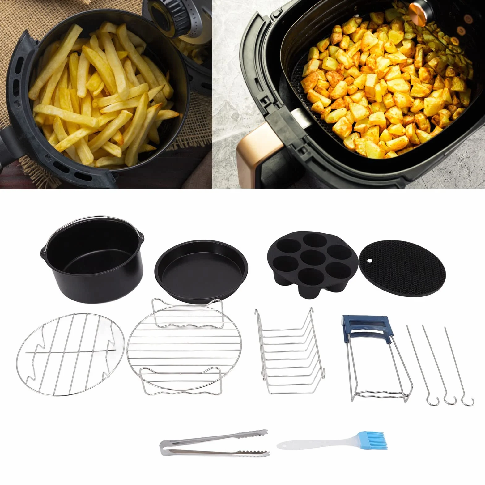 Zestaw akcesoriów do frytownicy, patelnie i stojaki do frytownicy ze stali nierdzewnej z blachą do pieczenia, grill, szaszłyki, forma do ciasta, 12-częściowe narzędzia kuchenne do (18cm)