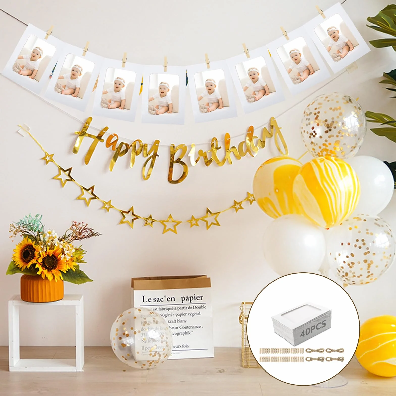 40 sztuk papierowych ramek na zdjęcia, 10 x 15 cm ramki na zdjęcia z kartonu, girlanda fotograficzna z 40 drewnianymi klamerkami i 4 sznurkami konopnymi, linka do zdjęć z klamerkami do