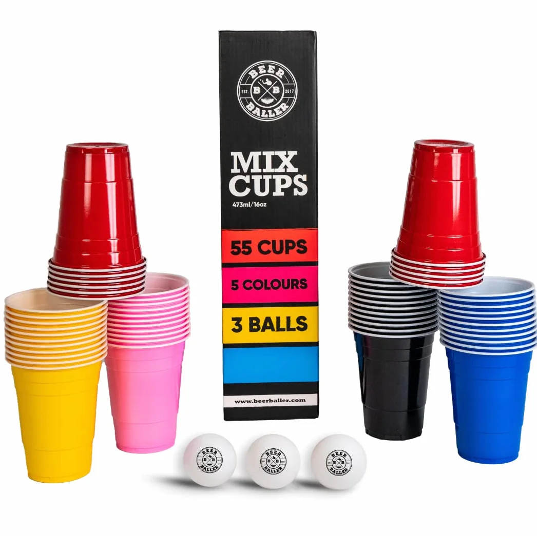 BEERBALLER® Mix Cups - 5 kolorów - 55 kubków do piwnego ponga - 3 piłeczki do piwnego ponga | 473 ml - kubki imprezowe 16 uncji | można myć w zmywarce i wielokrotnego użytku