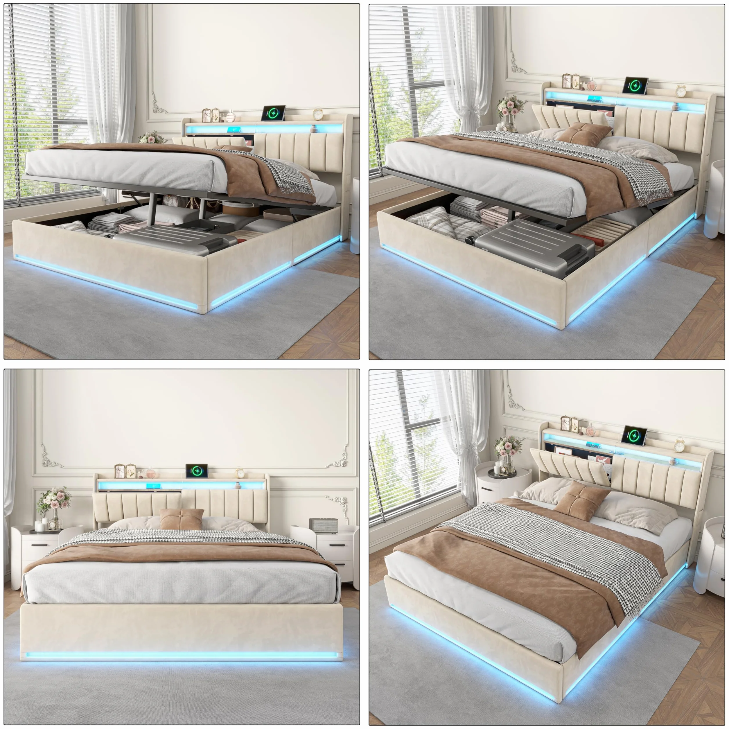 Łóżko tapicerowane z miejscem do przechowywania, 140 x 200 cm, podwójne łóżko z oświetleniem USB i LED, hydrauliczne łóżko do przechowywania, rama łóżka ze stelażem i skrzynią na pościel