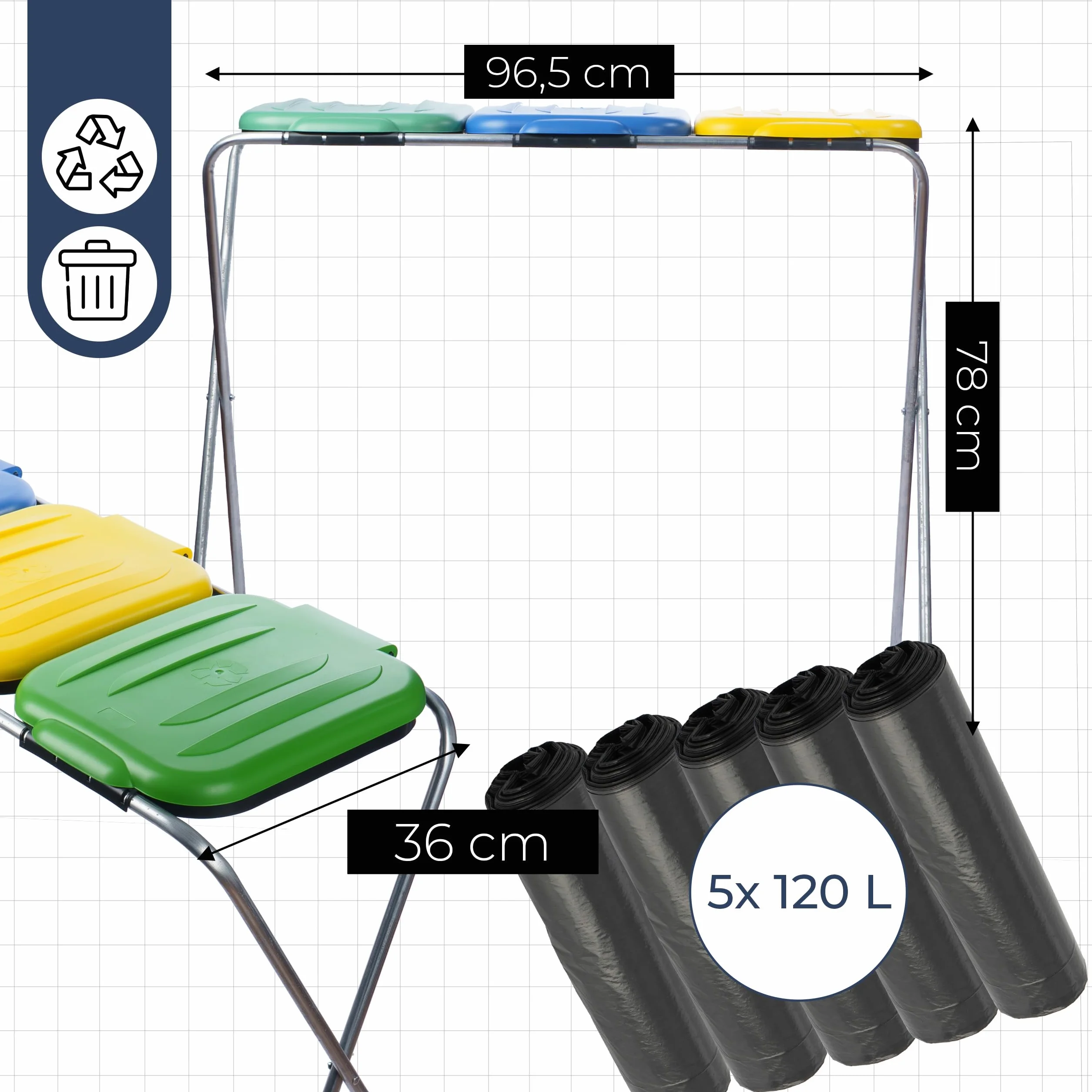 Stojak na Worki Do Segregacji Śmieci 96,5x36x78 cm Stelaż Kosz 3 Stanowiska Na Śmieci + Worki na Odpady 120L 5 Rolek, Kolorowy Uchwyt Na Worki z Odpadami z Pokrywą