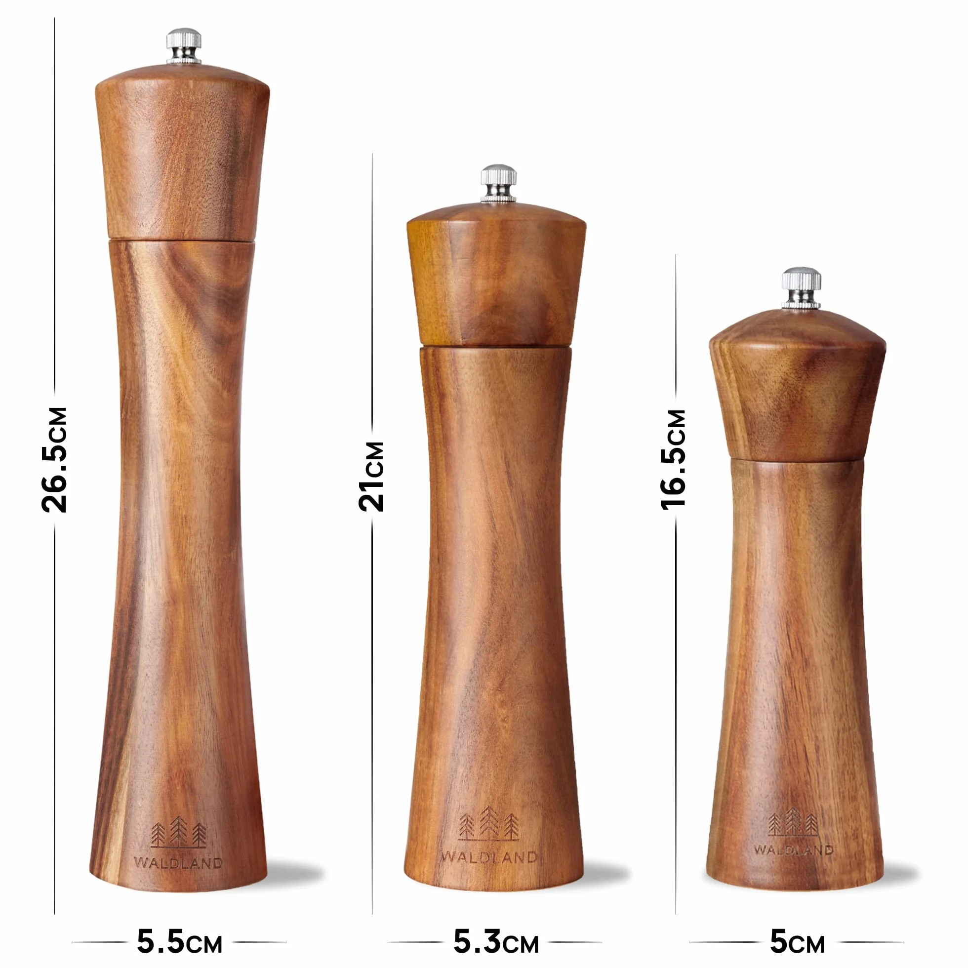 WALDLAND® Młynek do soli i pieprzu z drewna, z podstawką, mały (16,5 cm), młynek do przypraw z ceramicznym mechanizmem mielącym, zestaw młynków do pieprzu i soli