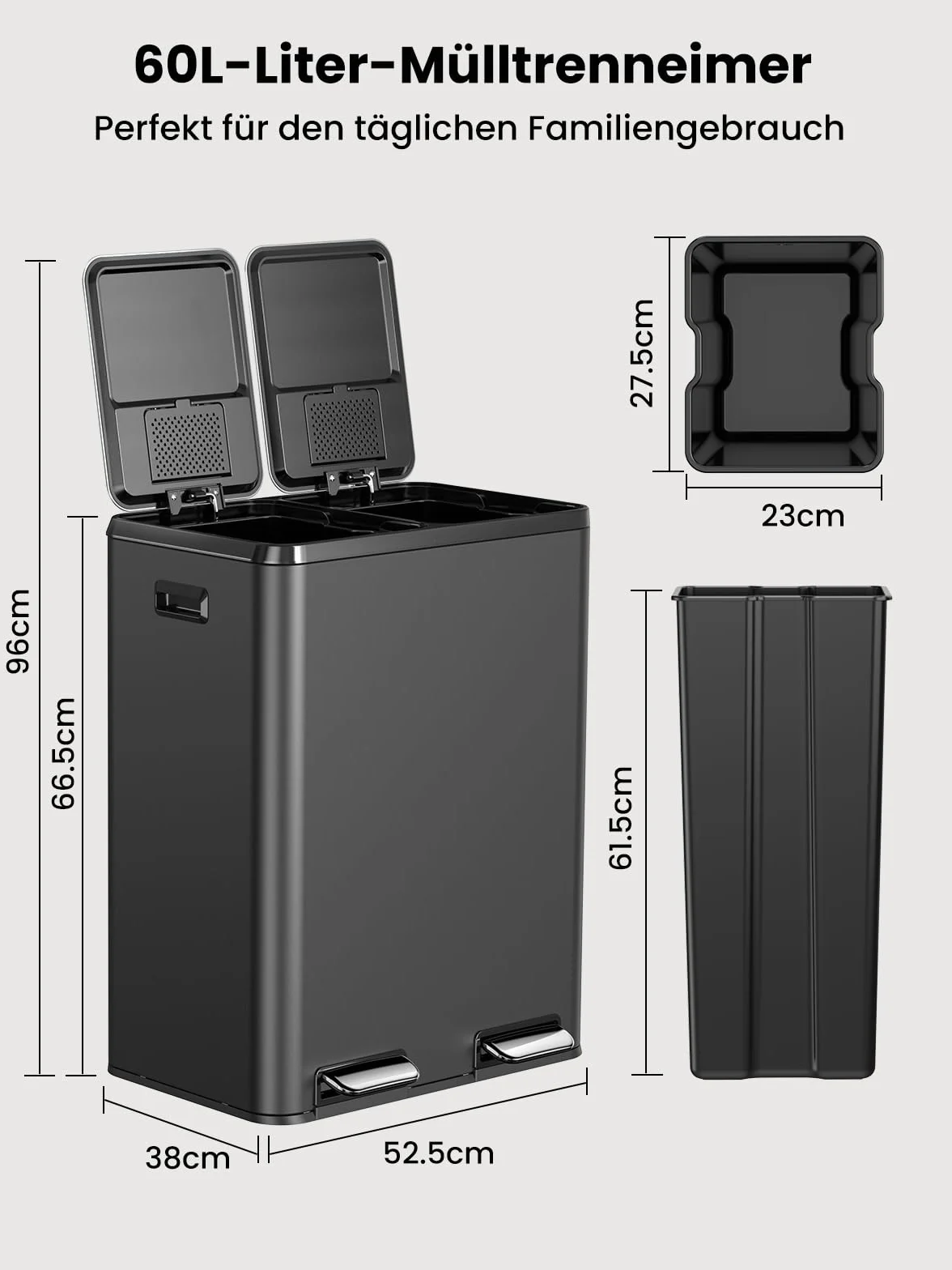 YEAUPE PRO Kosz na śmieci kuchenny 60L, 2x30L, czarny, ze stali nierdzewnej, podwójny kosz pedałowy do segregacji odpadów, pokrywa Soft Close, wyjmowane wiadra, 15 worków