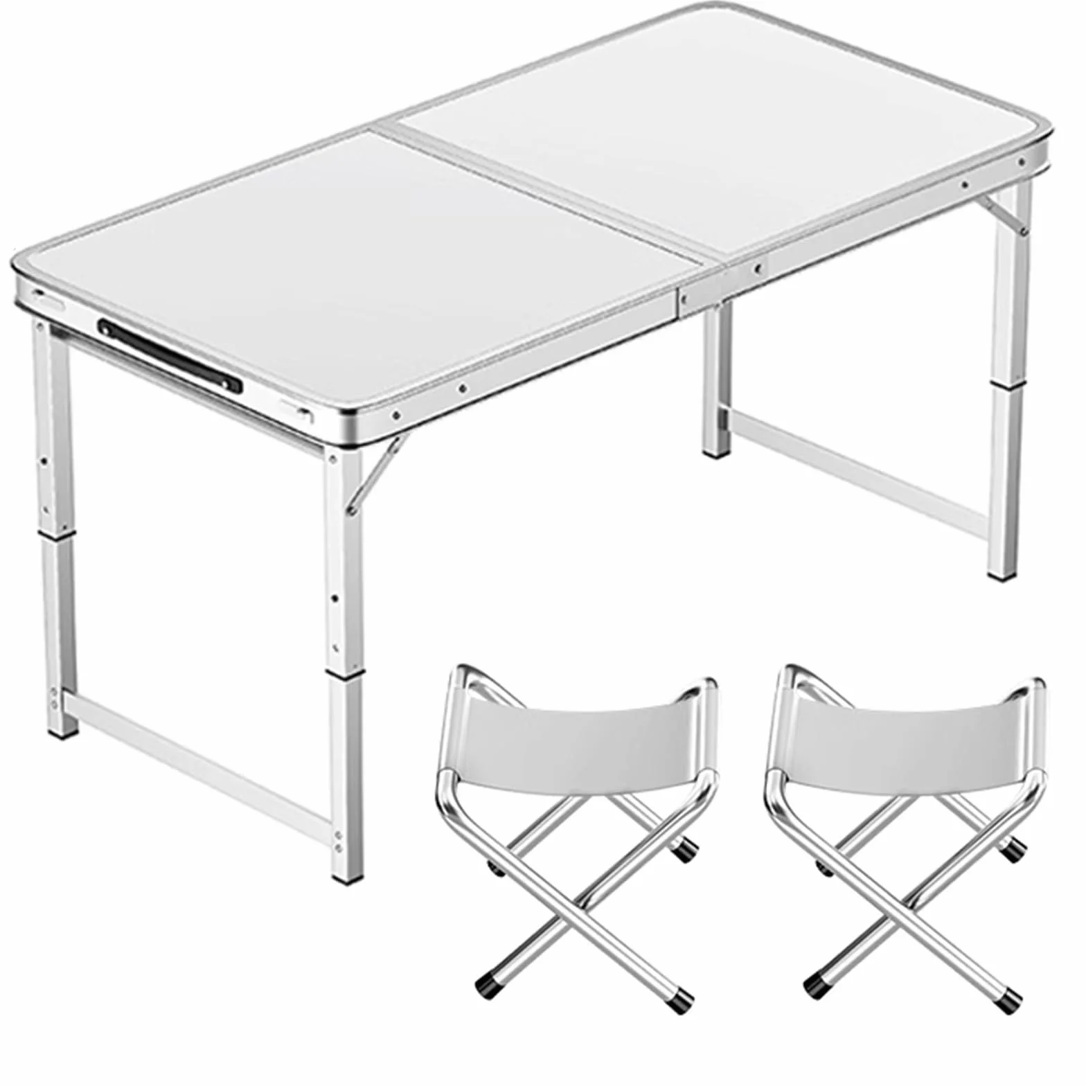 Aluminiowy składany stół o regulowanej wysokości, przenośny stół kempingowy z uchwytem, do wewnątrz, stół cateringowy, na imprezę, piknik, ślub, 100 x 50 cm, biały + 2 stołki)