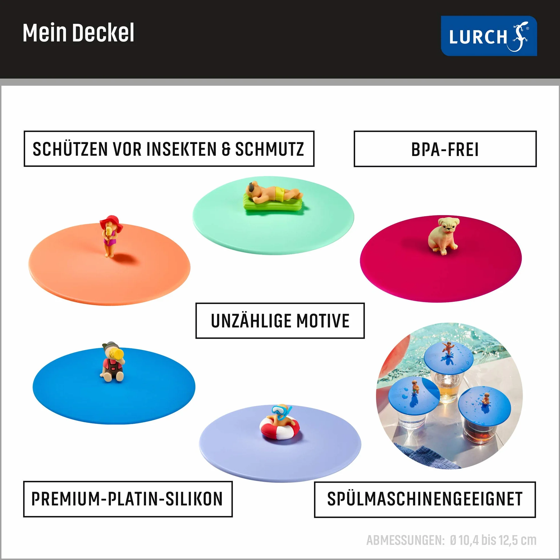 Lurch Moja pokrywka Splash zestaw 3 szt. (Bomba Bruno, Freddy Freestyle, Arne Anker), szklane osłony ze 100% silikonu platynowego niezawierającego BPA, Ø 10,5 cm, niebieskie