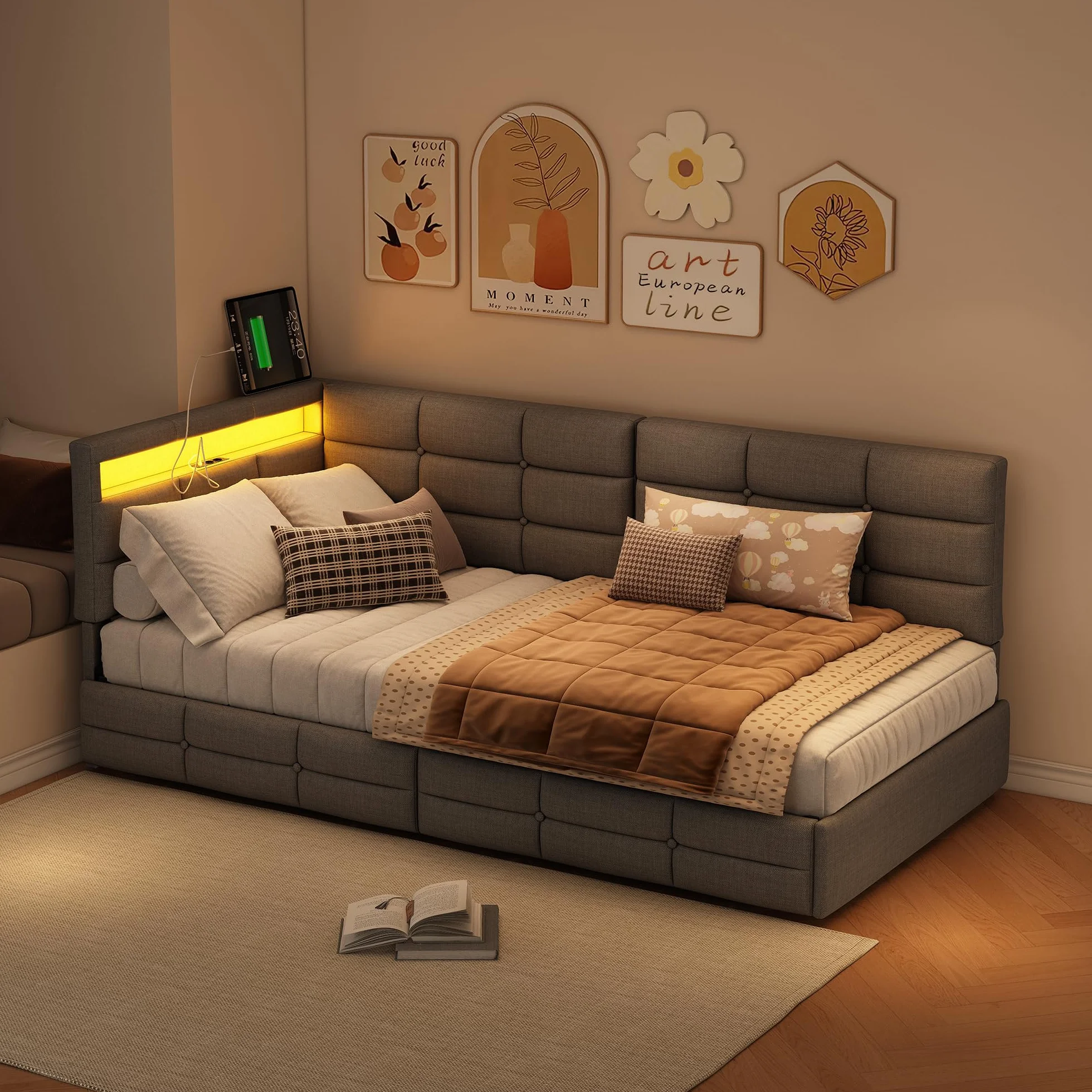 Sofa z funkcją spania w kształcie L 90x200 z 2 szufladami USB/Typ C LED