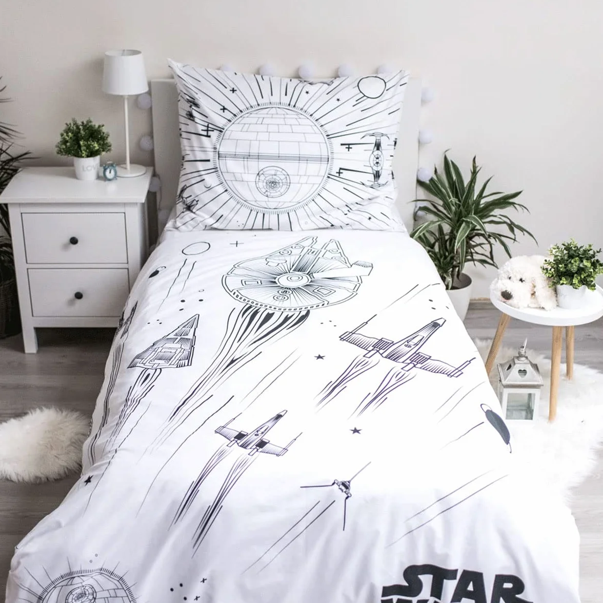 Jerry Fabrics Gwiezdne Wojny Gwiazda Śmierci Statki Kosmiczne Świecące w Ciemności Czarno-Biała Kołdra 140 x 200 cm Poszewka na poduszkę 70 x 90 cm z zamkiem błyskawicznym dla dzieci i dorosłych