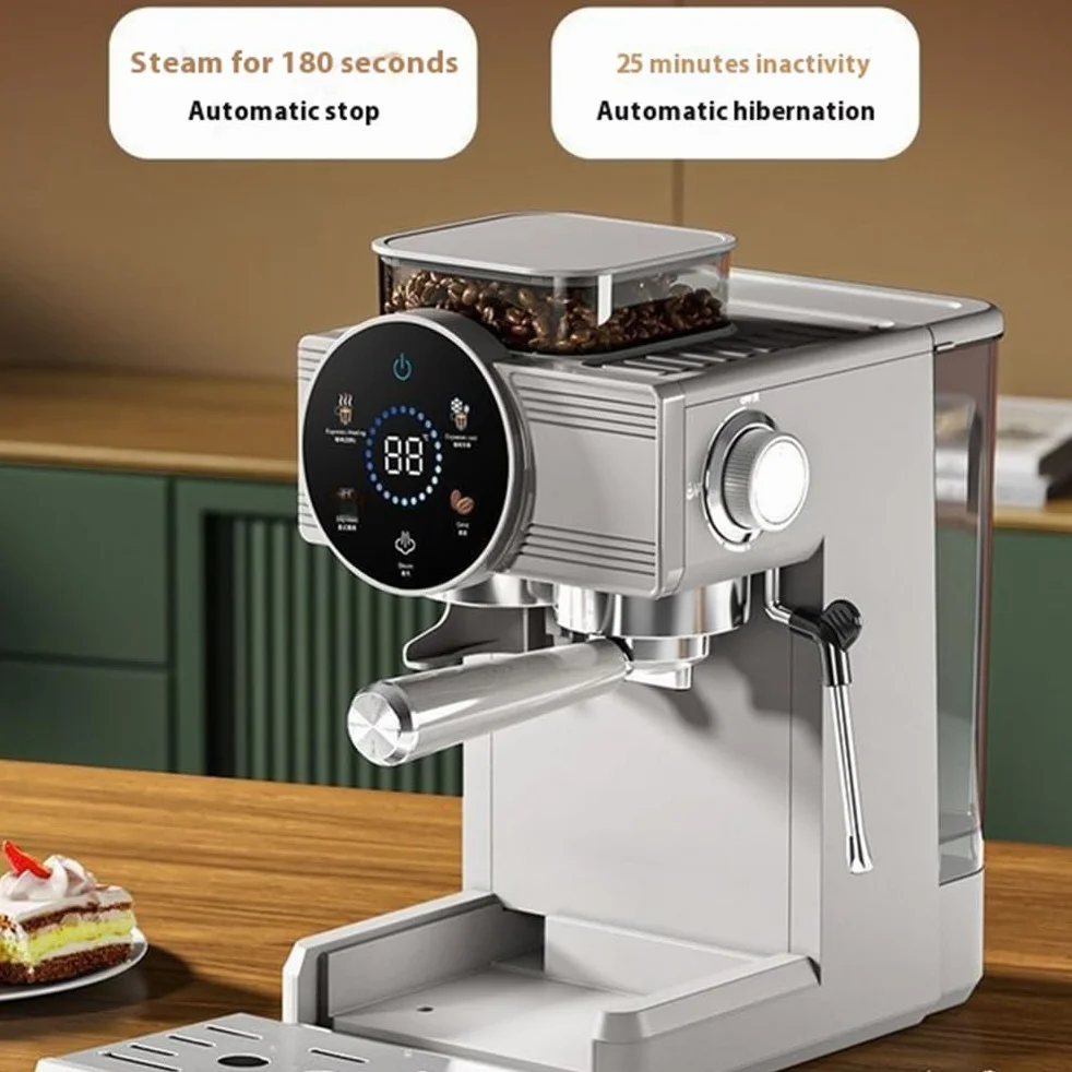 Ekspres do kawy 220 V komercyjny z funkcją kontroli temperatury, młynek do kawy ziarnistej 1350 W, 20 poziomów drobnego mielenia, możliwość przygotowania latte
